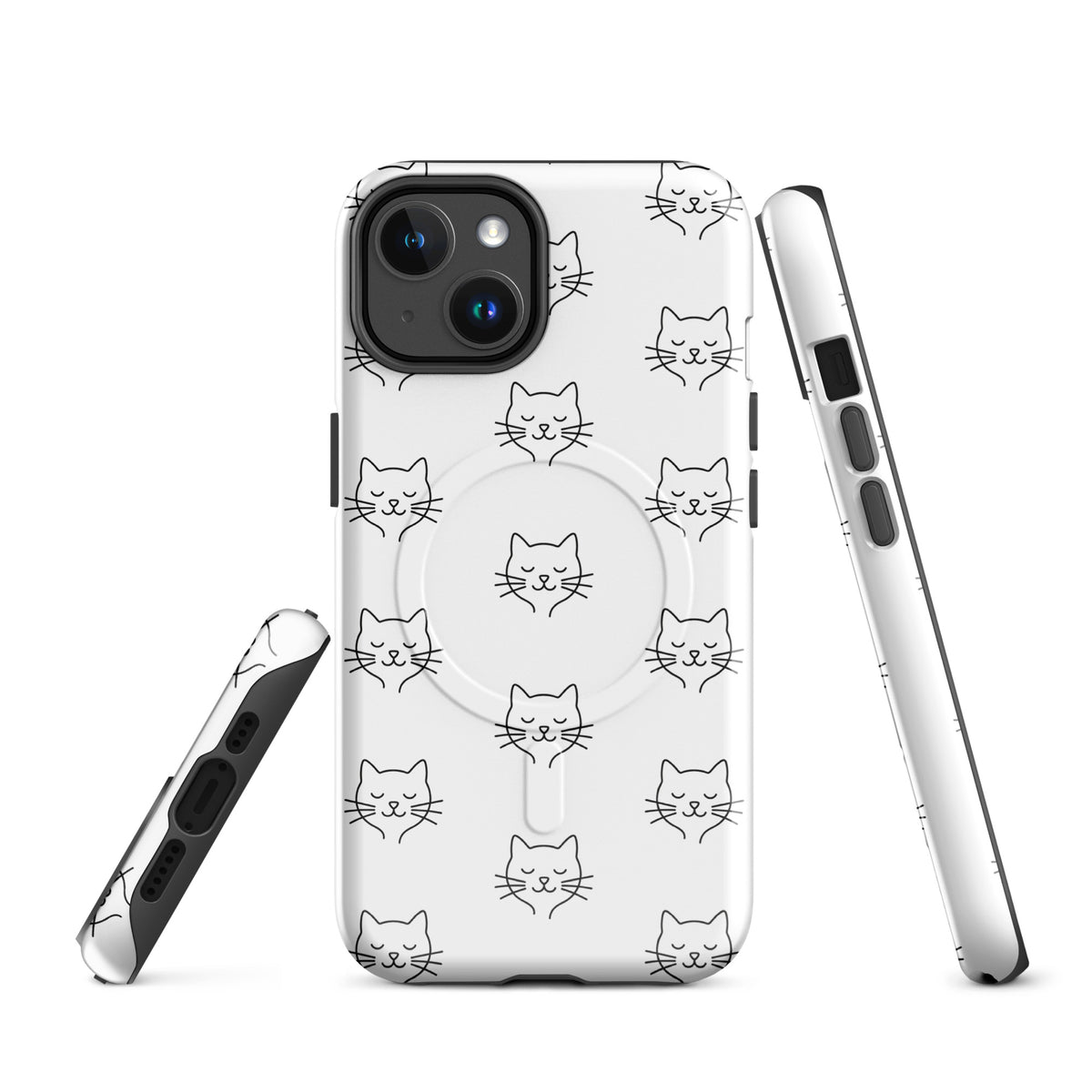 Magnetic Phone Case for iPhone with minimalist cat pattern in white and black, providing stylish protection for cat lovers.