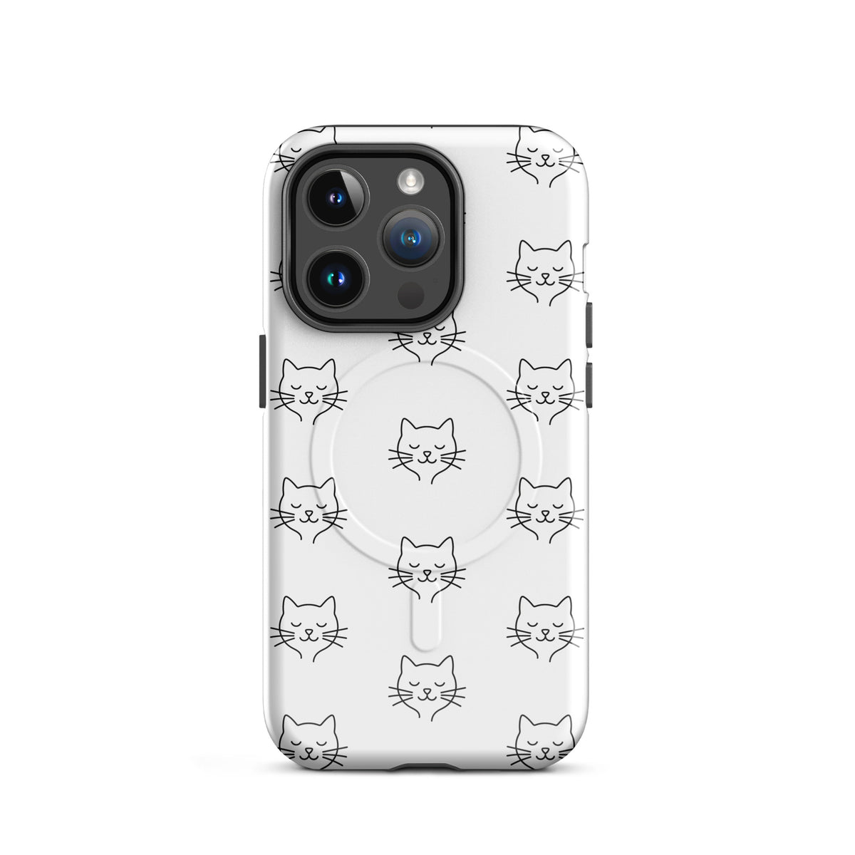 Magnetic Phone Case for iPhone with cute minimalist cat pattern design in white and black.