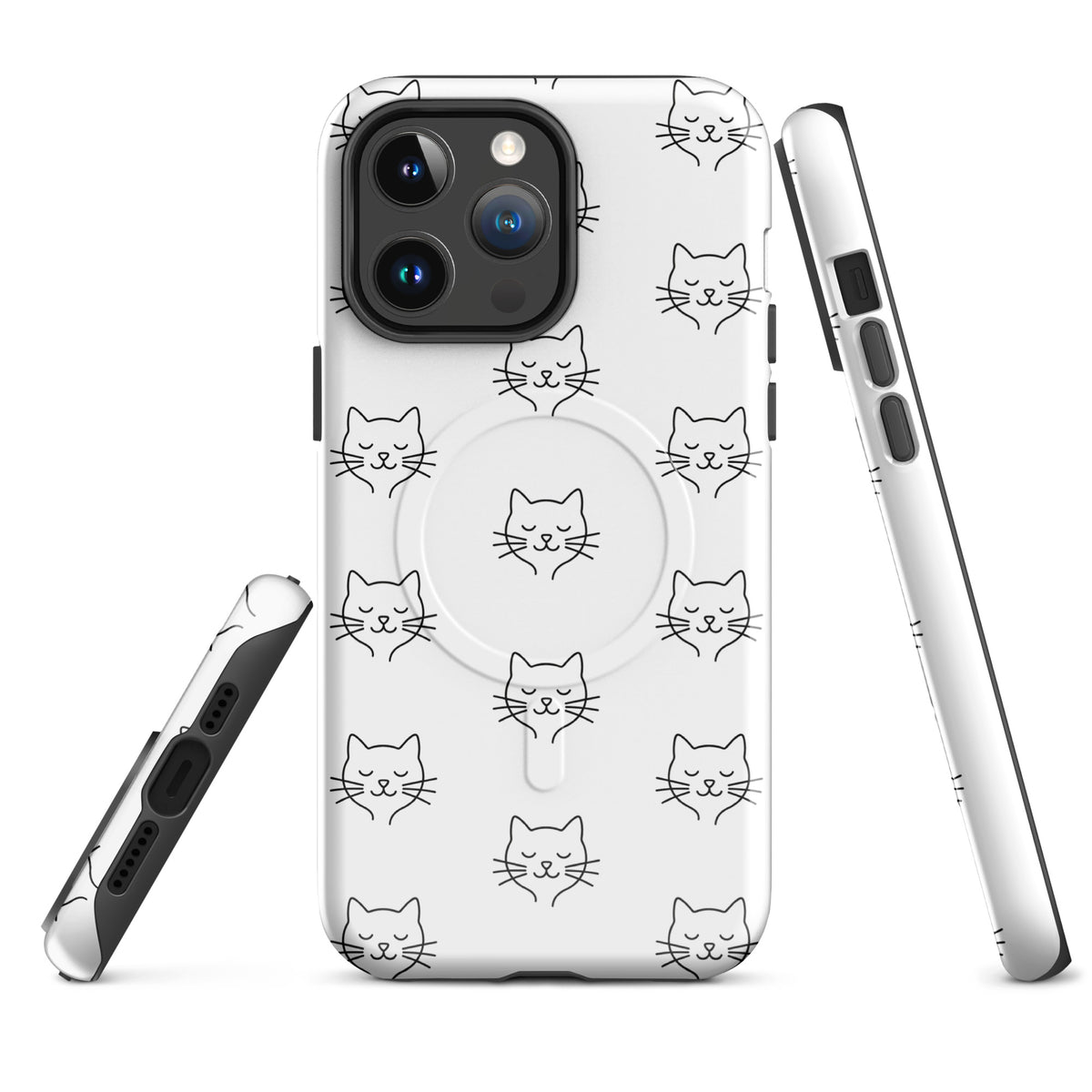 Magnetic Phone Case for iPhone with cute minimalist cat pattern in white and black, offering stylish protection for cat lovers.