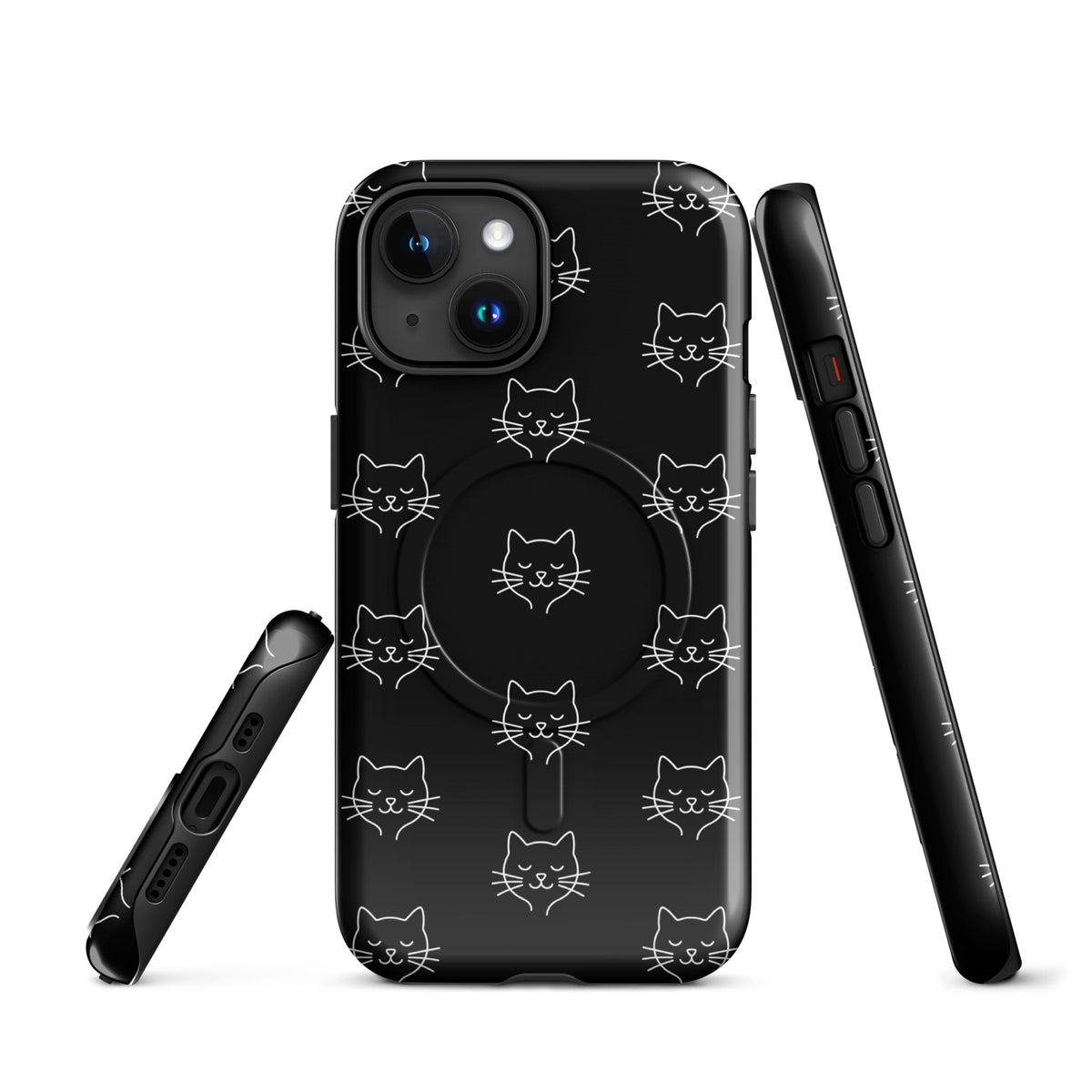 Magnetic Phone Case for iPhone with cute minimalist cat pattern in black and white, offering superior protection and chic design.