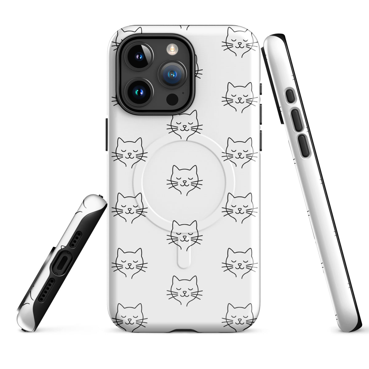 Magnetic Phone Case for iPhone with cute minimalist cat pattern design, providing stylish protection in white and black.