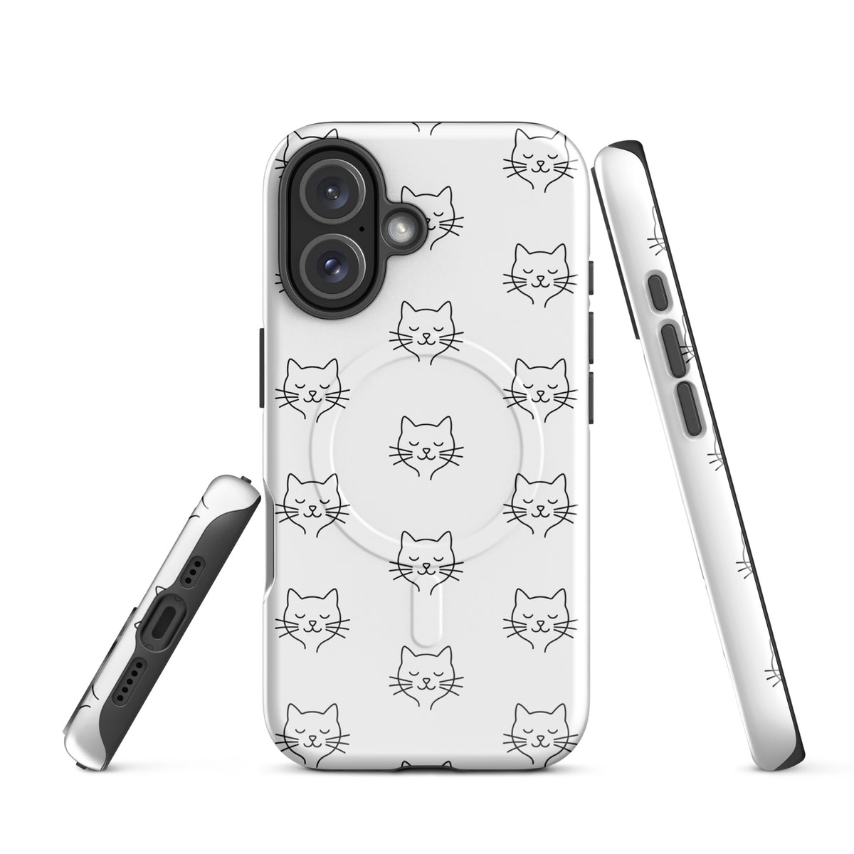 Magnetic Phone Case for iPhone with cute minimalist cat pattern in white and black, showcasing stylish protection design.