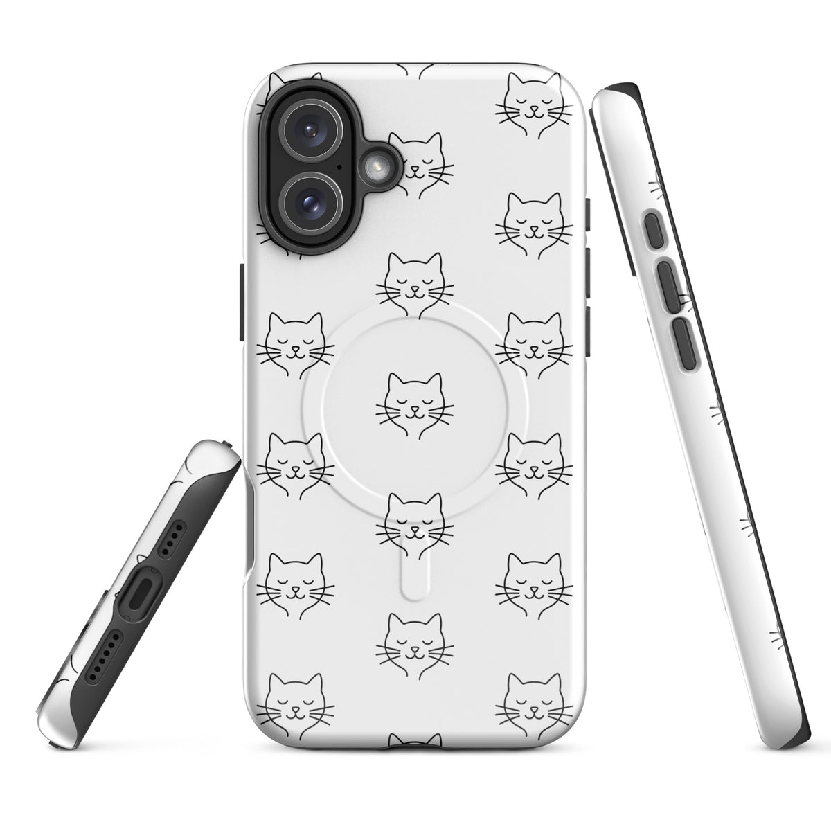 Magnetic Phone Case for iPhone with cute minimalist cat pattern in white and black, offering stylish protection.