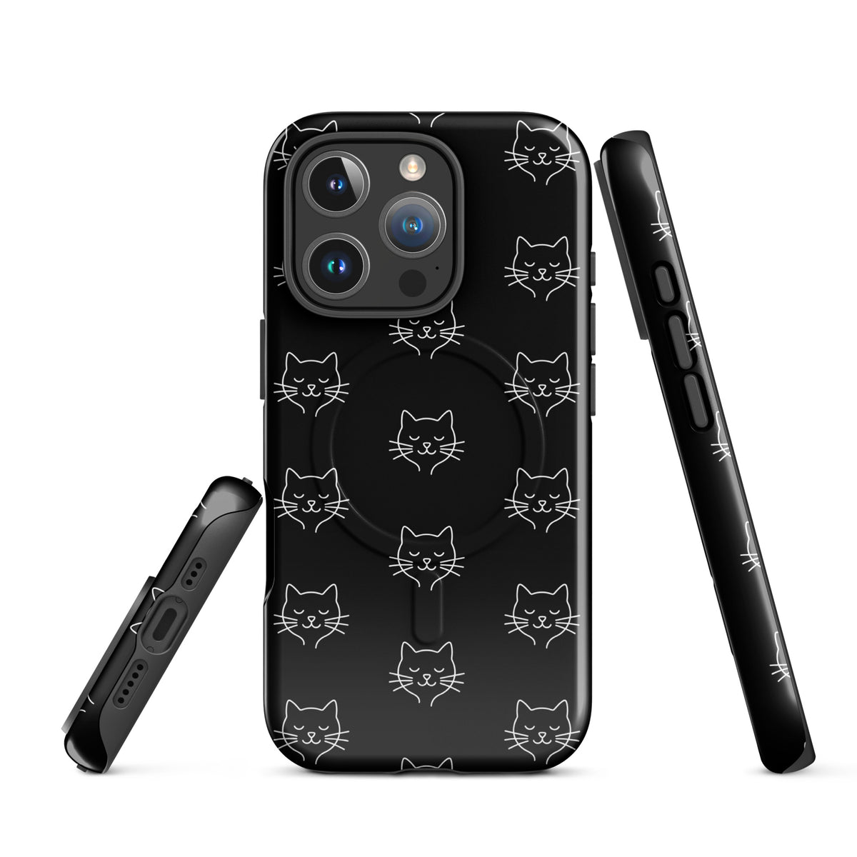 Magnetic Phone Case for iPhone with cute minimalist cat pattern design in black and white, offering protection and style.