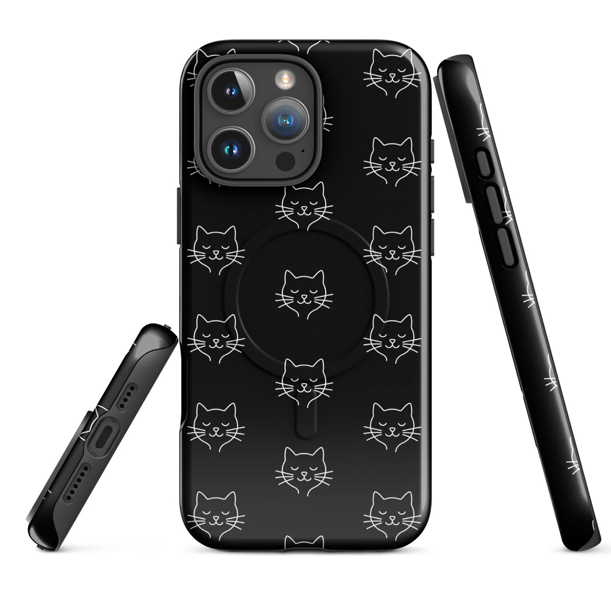Magnetic Phone Case for iPhone with black and white minimalist cat pattern design, combining protection and chic style.