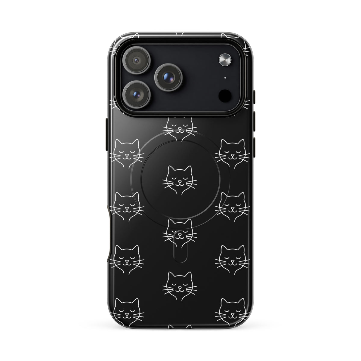 Magnetic Phone Case for iPhone with cute minimalist cat pattern design in black and white, perfect for cat lovers seeking stylish protection.