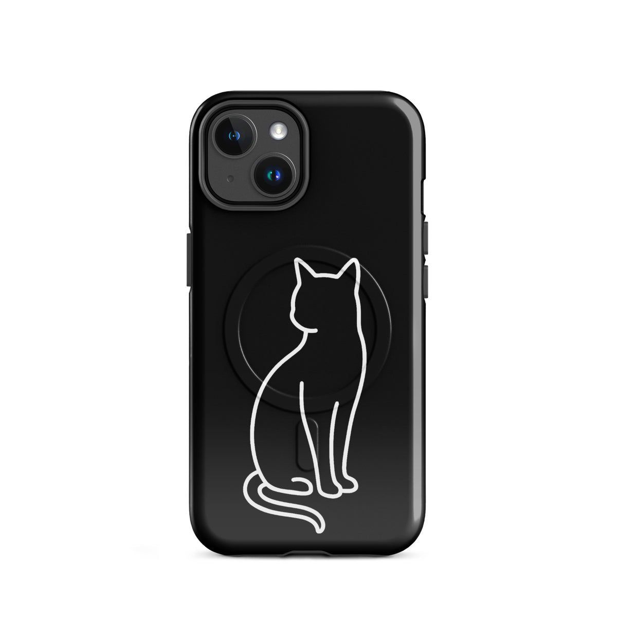 Magnetic Phone Case with stylish cat design outline on black iPhone case, featuring a minimalist white cat for chic mobile protection.