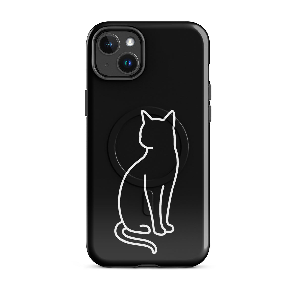 Magnetic Phone Case in black with stylish cat design, minimalist chic for iPhone, elegant dual-layer protection