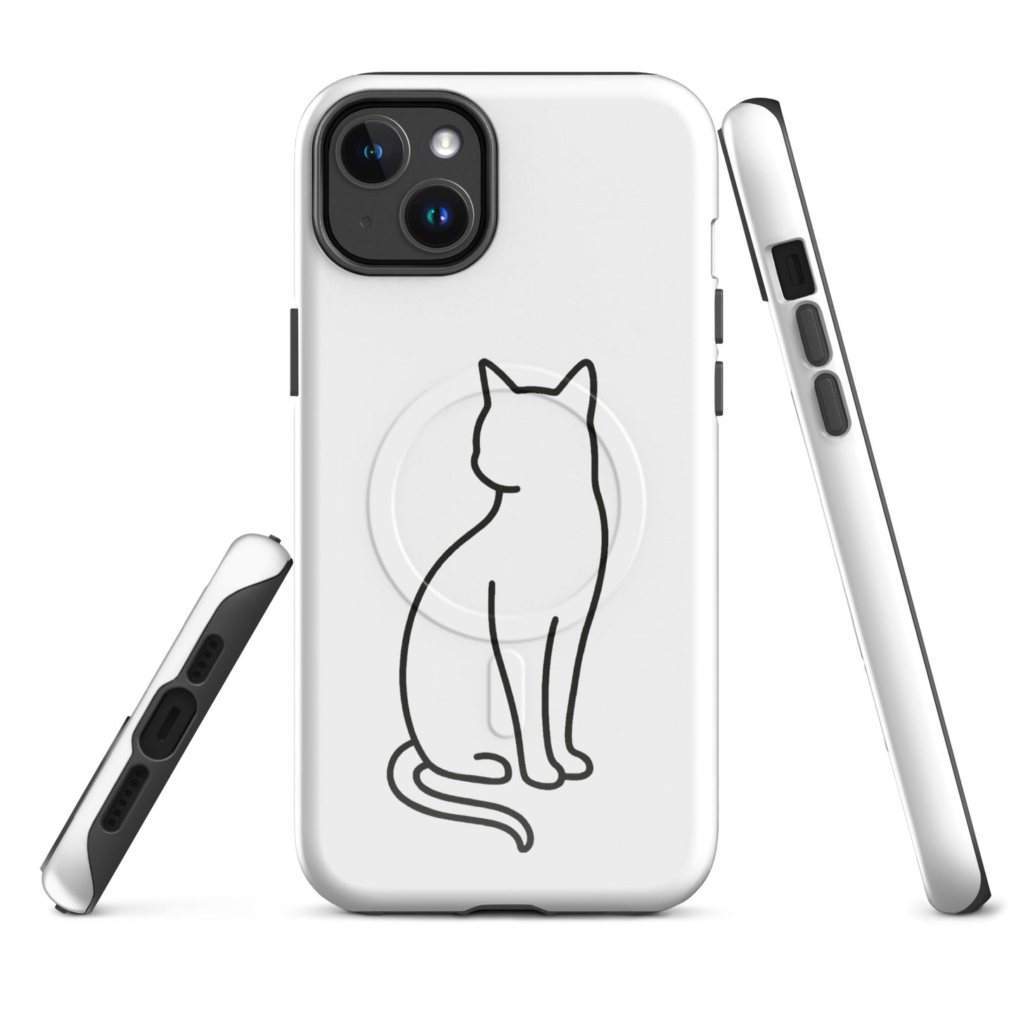 Magnetic Phone Case with stylish cat design for iPhone, featuring dual-layer protection, sleek minimalist art, in white and black.
