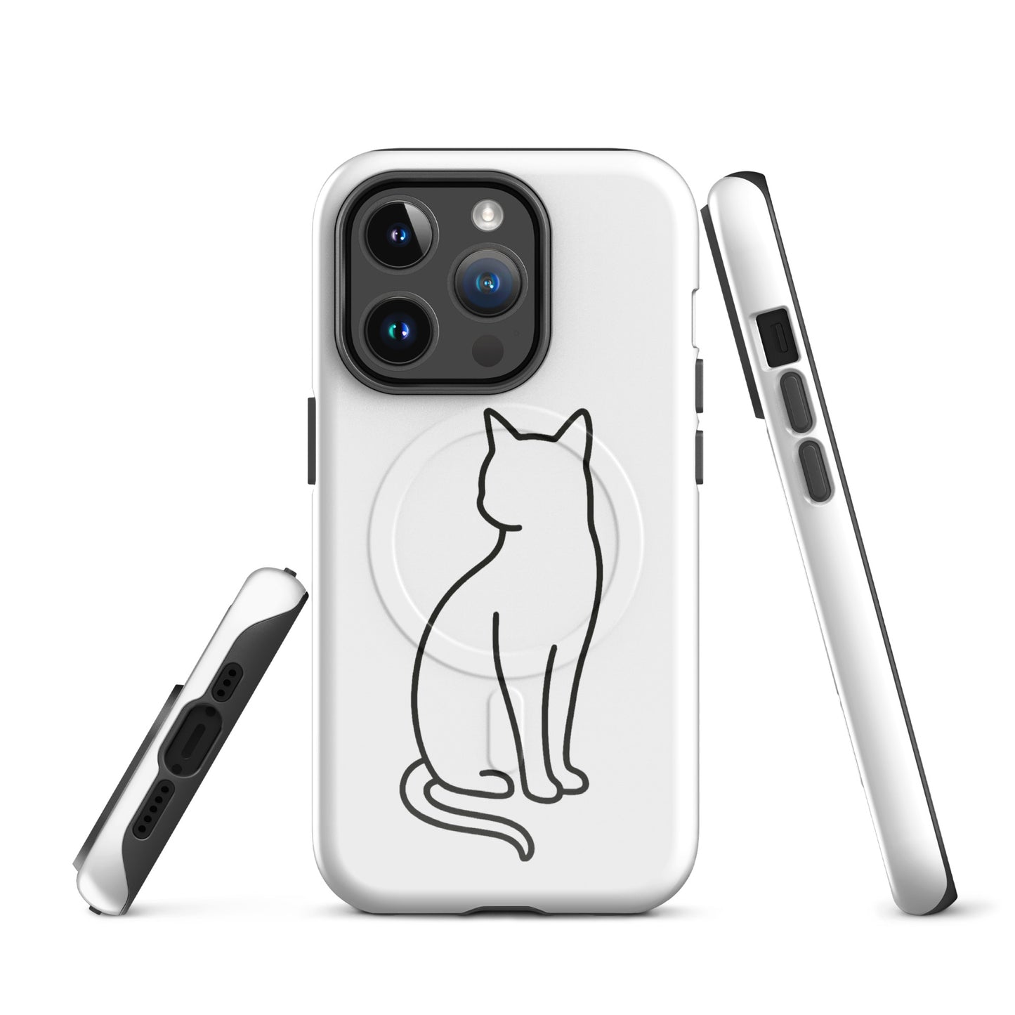 Magnetic Phone Case with stylish cat design for iPhone in white and black, offering dual-layer protection and chic appeal.