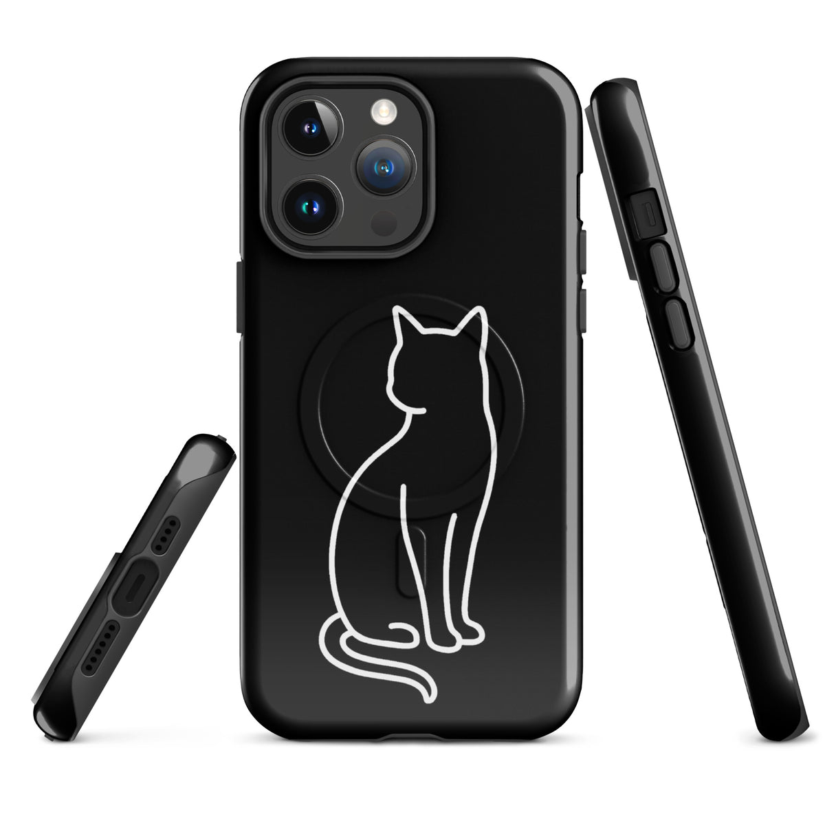 Magnetic Phone Case with stylish cat design for iPhone, black and white minimalist look, dual-layer protection.