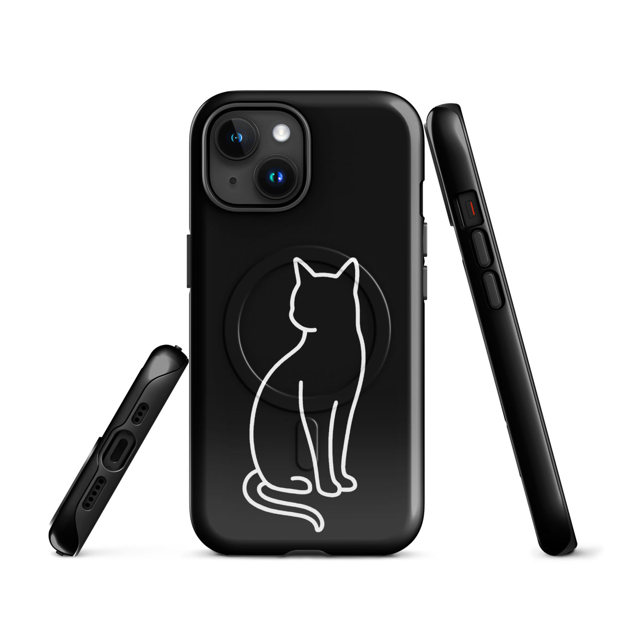 Magnetic Phone Case in black with stylish cat design for iPhone, featuring sleek outlines and dual-layer protection.