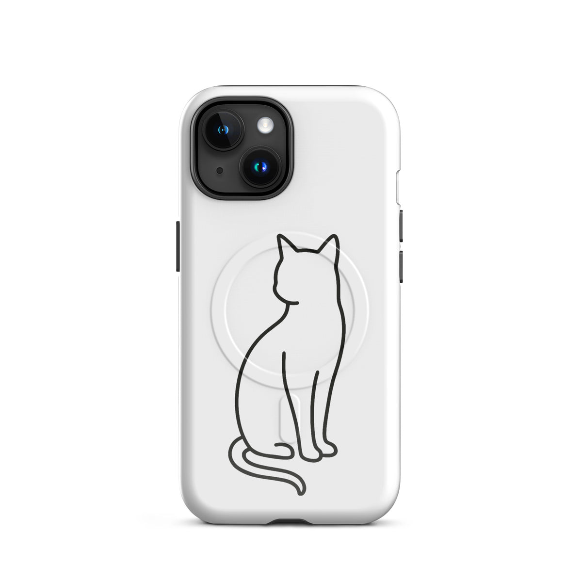 Magnetic Phone Case with stylish cat design, featuring sleek minimalist cat outline for iPhone, in white/black color.