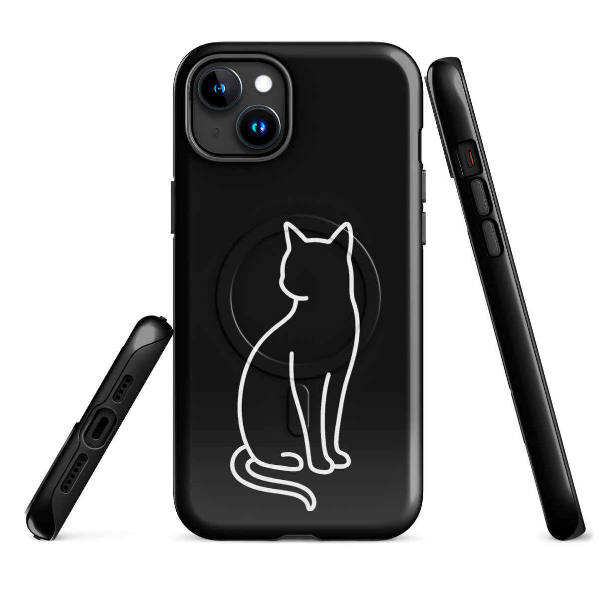 Magnetic Phone Case with stylish cat outline design for iPhone in black and white. Dual-layer protection and chic minimalist look.