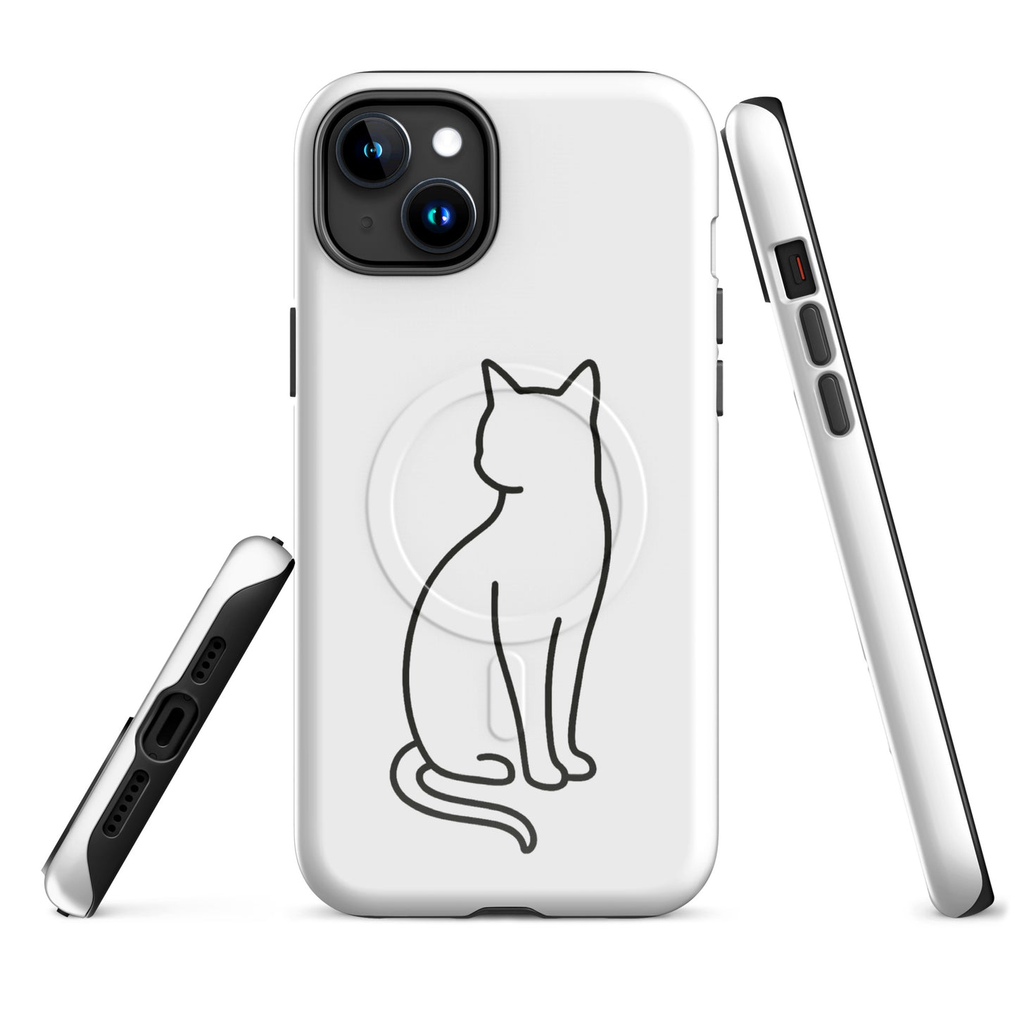 Magnetic Phone Case with stylish cat design in white and black for iPhone, featuring minimalist cat outline, durable protection.