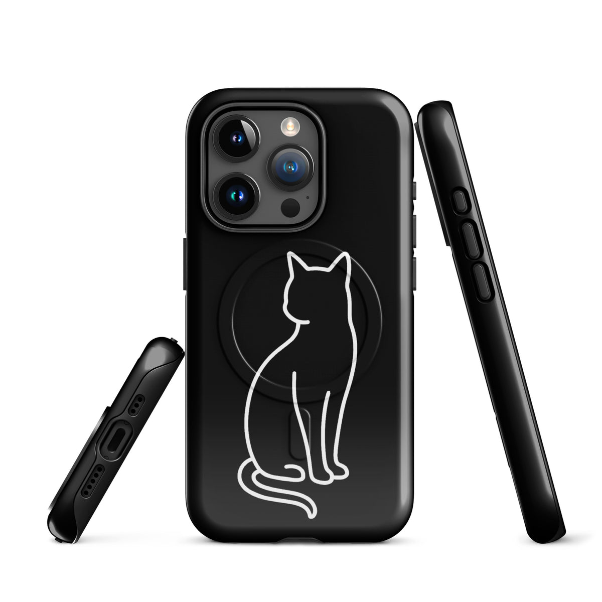 Magnetic Phone Case with stylish cat design for iPhone in black and white, offering chic dual-layer protection.