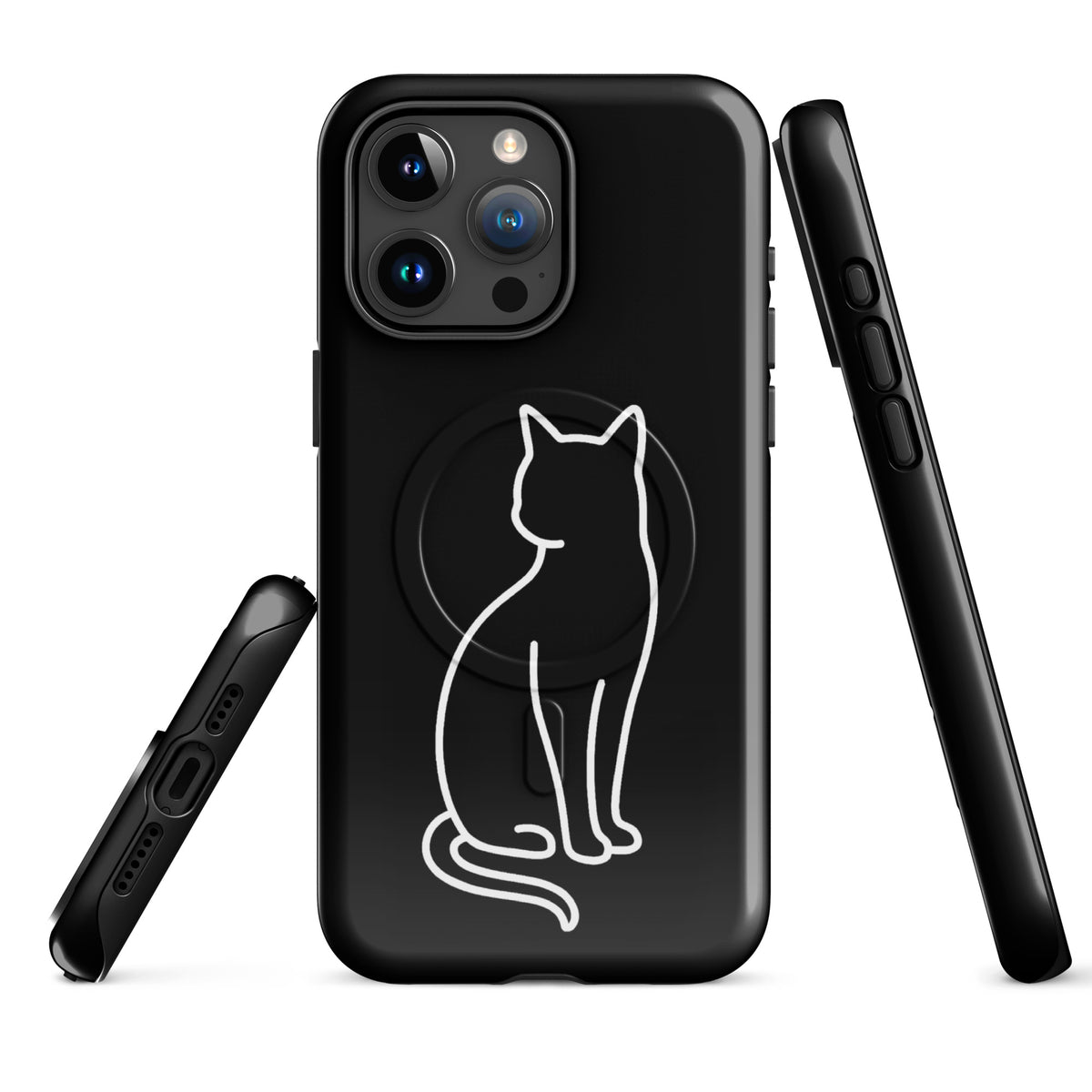 Magnetic Phone Case with stylish cat design for iPhone in black and white, providing chic protection.