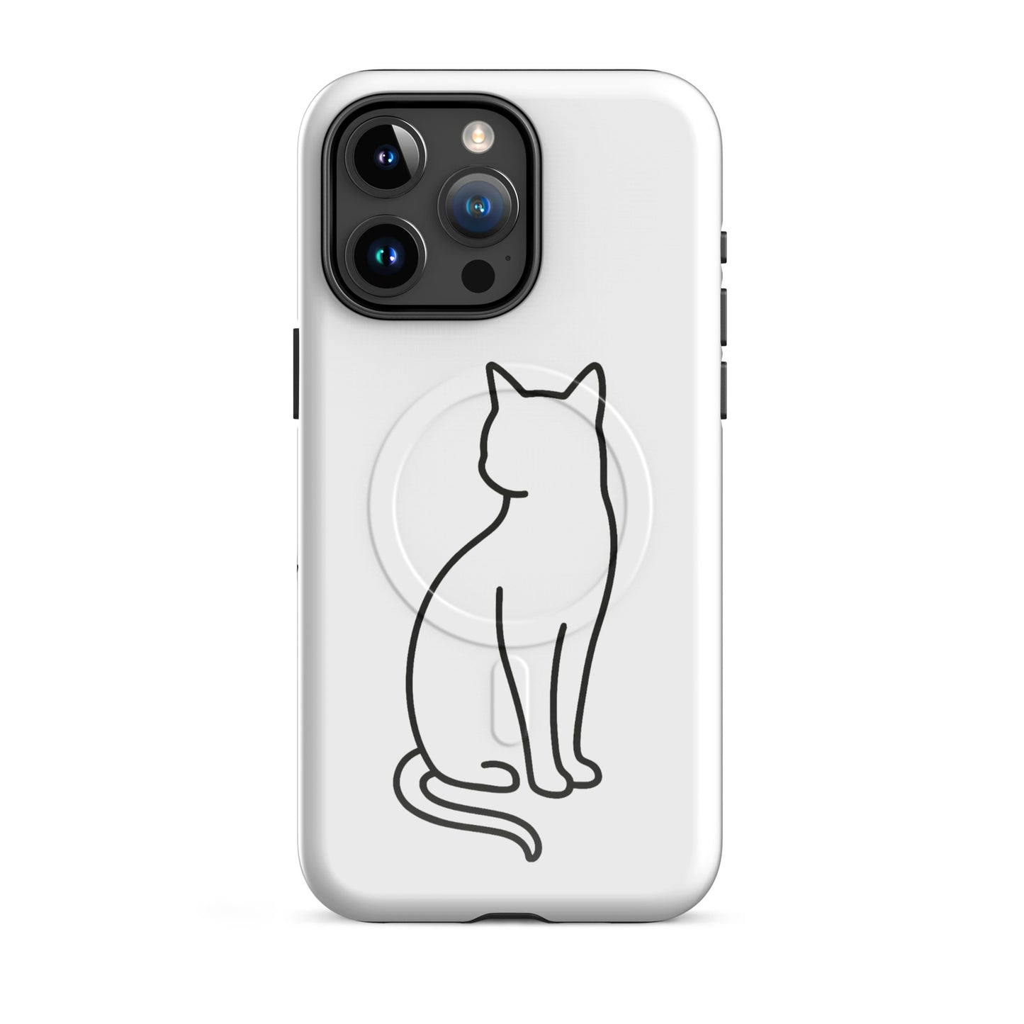 Magnetic Phone Case with stylish cat design for iPhone in white/black, featuring durable protection and minimalist cat outline.