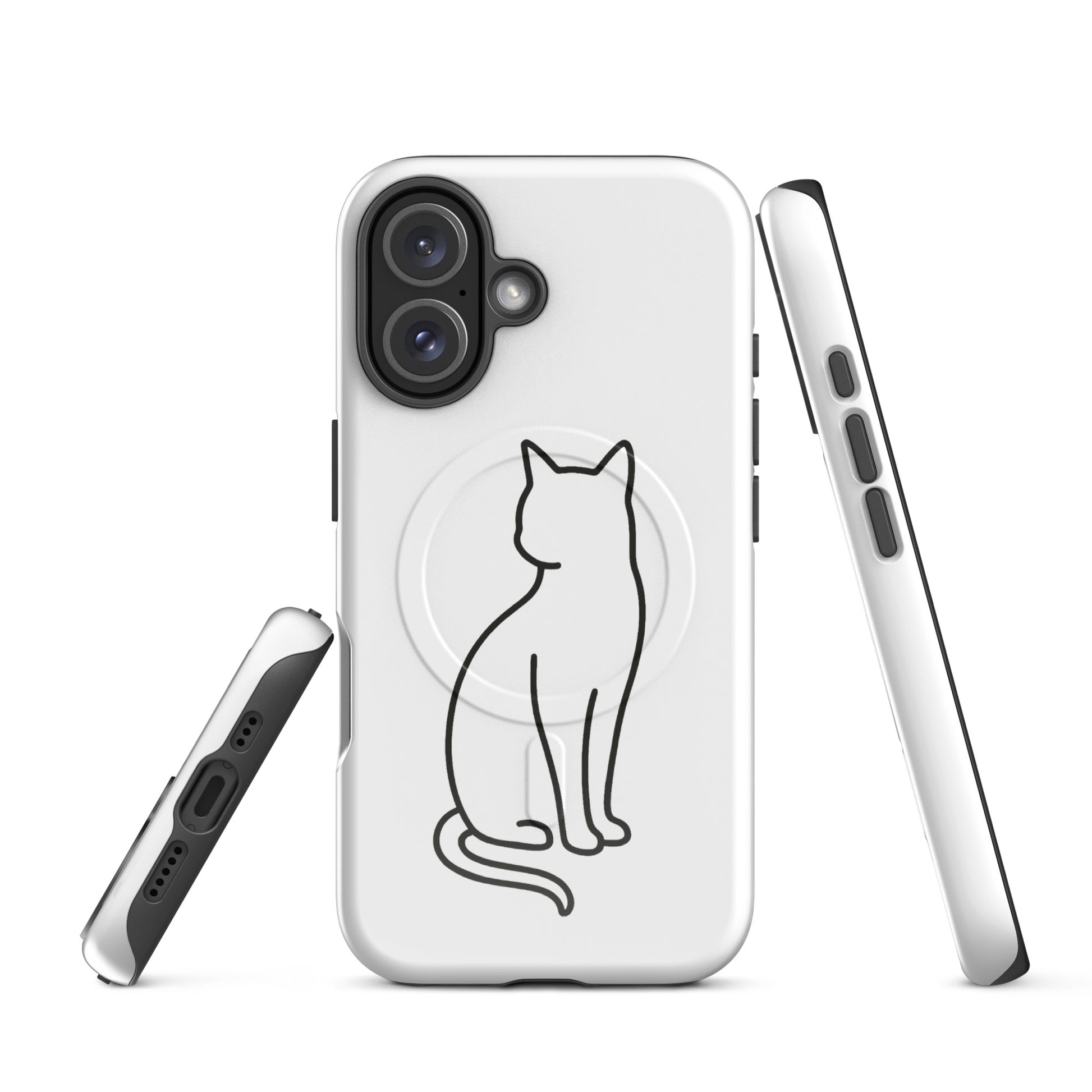 Magnetic Phone Case with stylish cat design for iPhone in white and black, offering dual-layer protection.