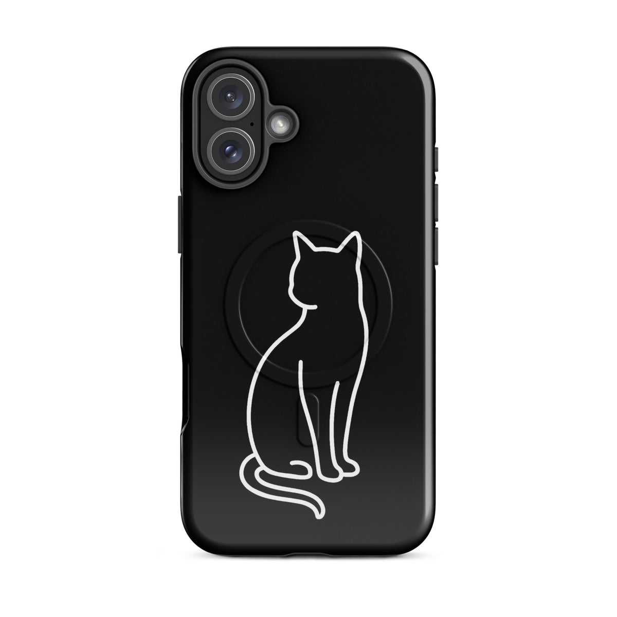 Magnetic Phone Case with stylish cat design in black and white for iPhone, featuring protective dual-layer and minimalist cat outline.