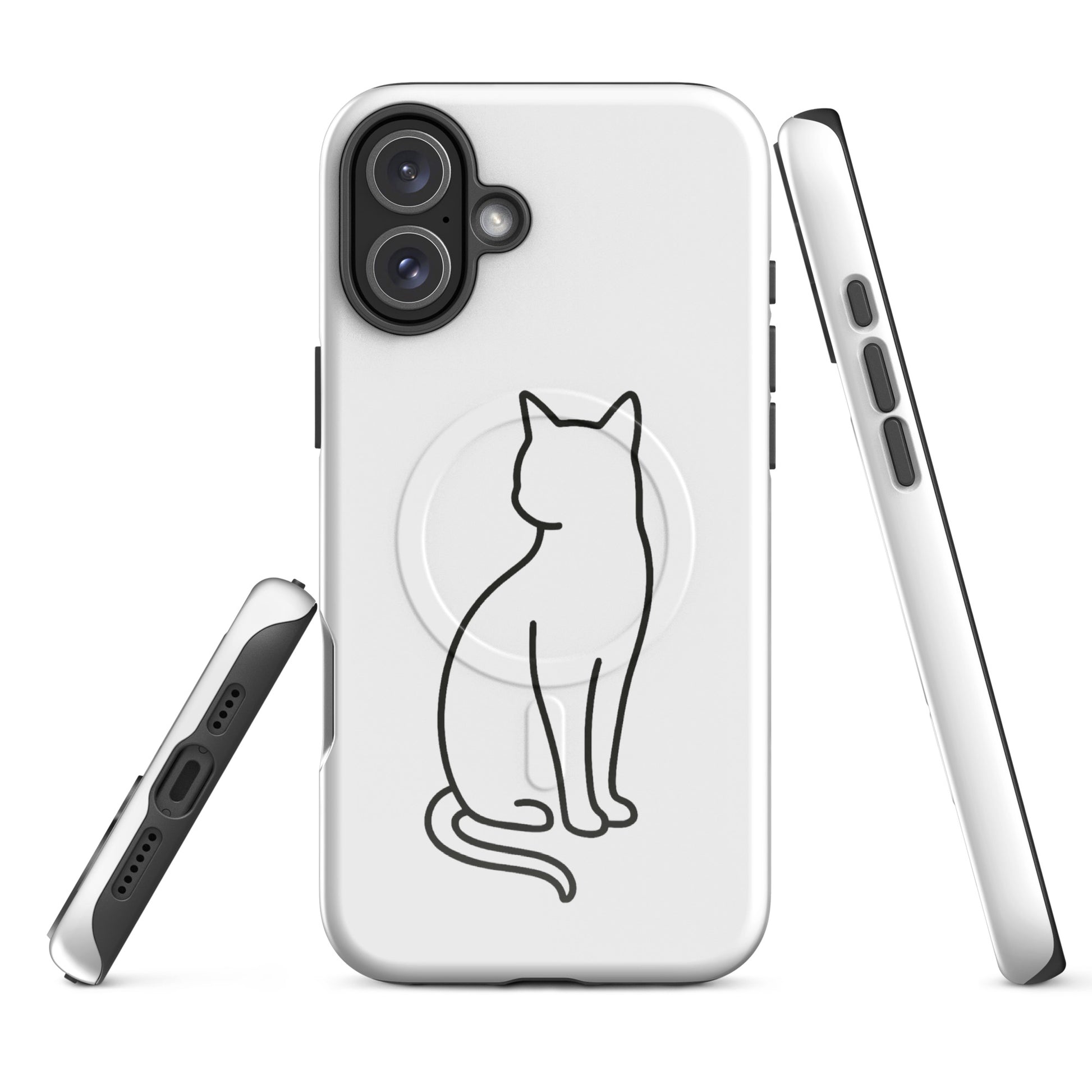 Magnetic Phone Case with stylish cat design for iPhone, in white and black. Sleek outline, dual-layer protection.