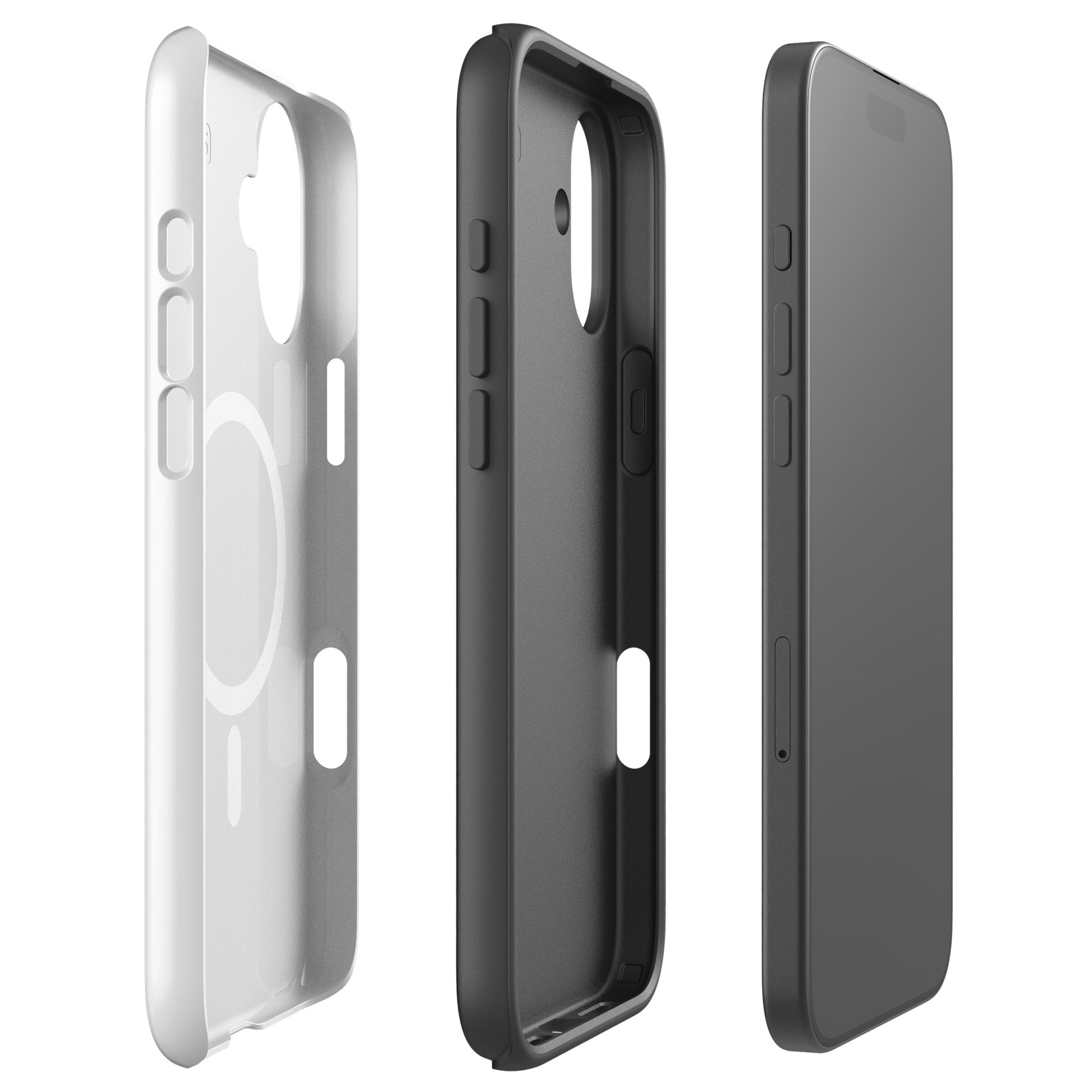 Magnetic Phone Case in white and black with stylish cat design for iPhone, showcasing dual-layer protection and modern art style.