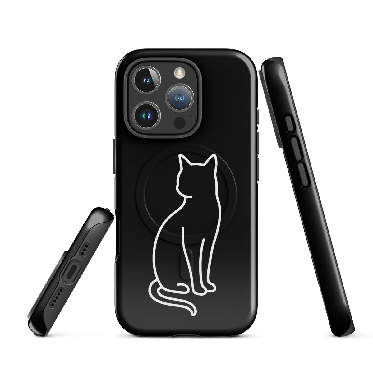 Magnetic Phone Case with stylish cat design for iPhone, black and white, offering chic protection.