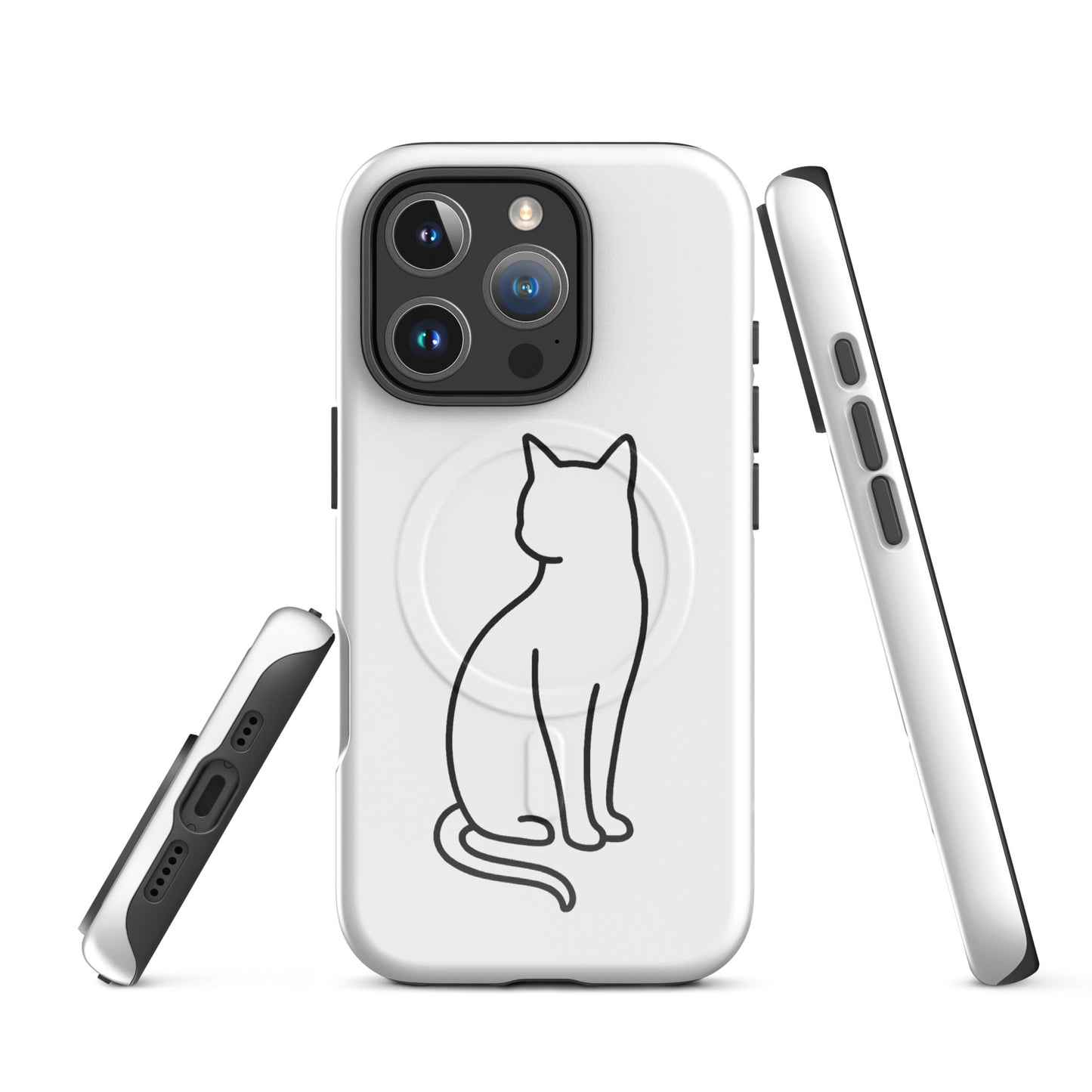 Magnetic Phone Case with stylish cat design in black on white for iPhone, offering chic and durable protection