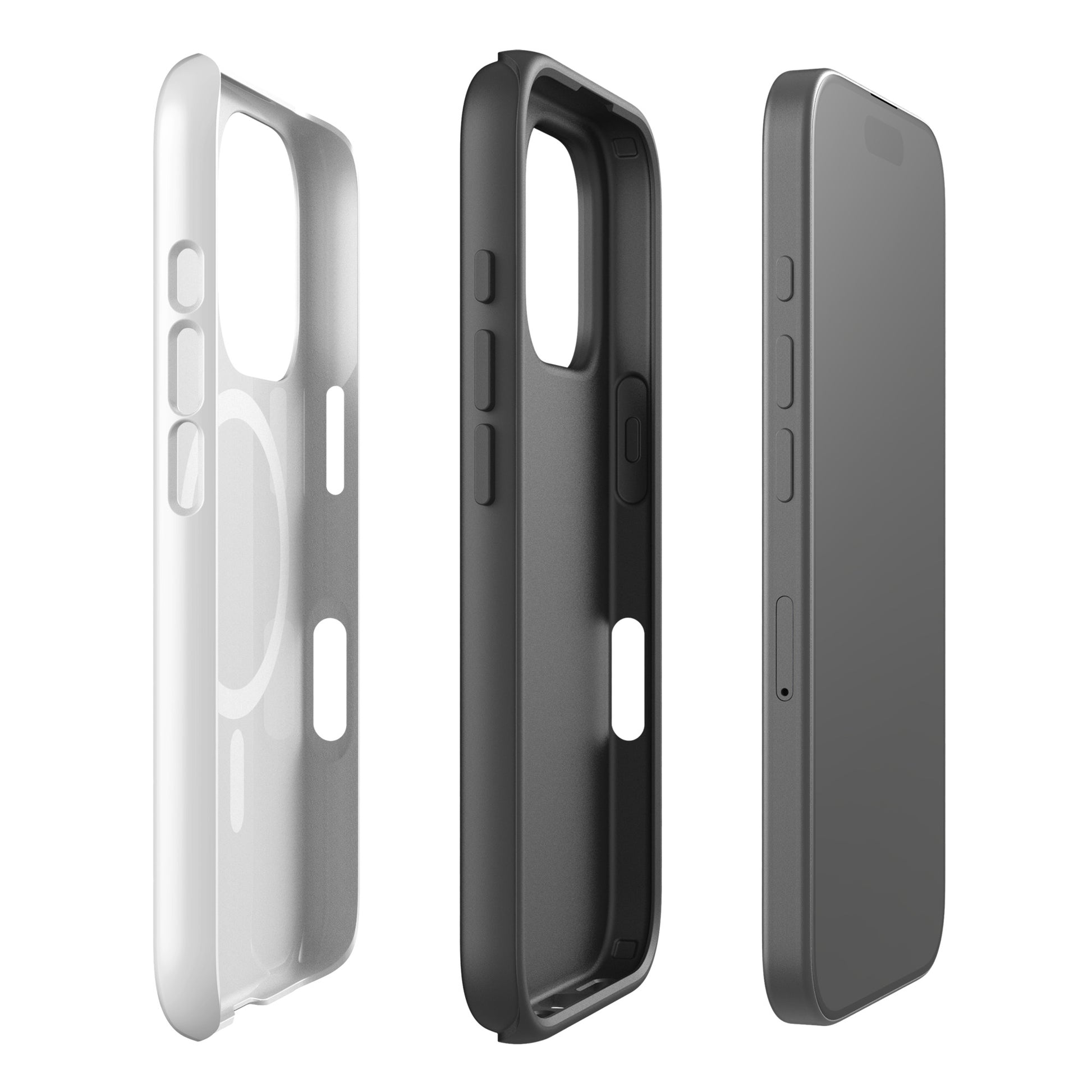 Magnetic Phone Case in white and black featuring stylish cat design for iPhone, showcasing dual-layer protection and sleek outline.