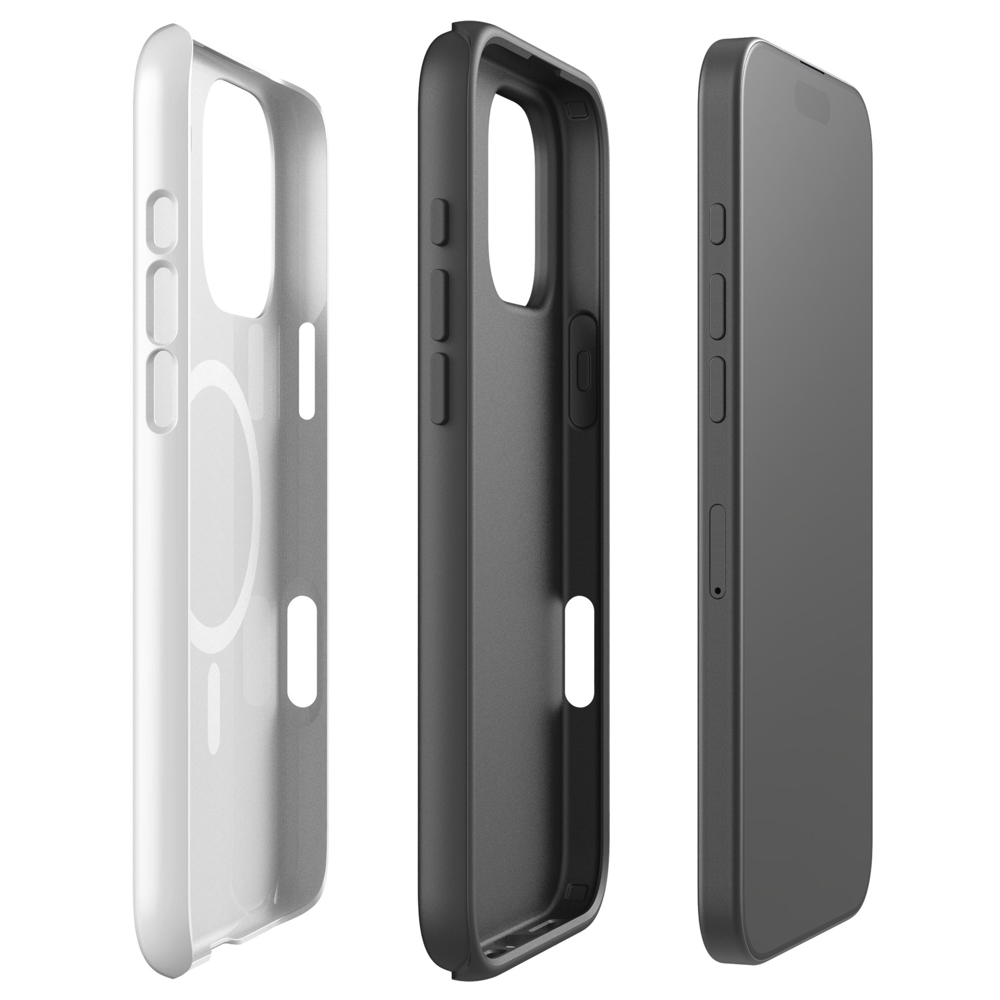 Magnetic Phone Case in white and black with stylish cat design for iPhone, showcasing dual-layer protection for devices.