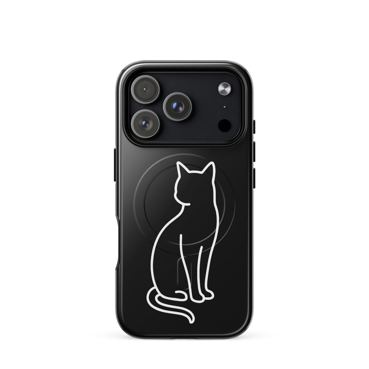 Magnetic Phone Case with stylish cat design in black and white for iPhone, featuring minimalist cat outline for chic dual-layer protection.