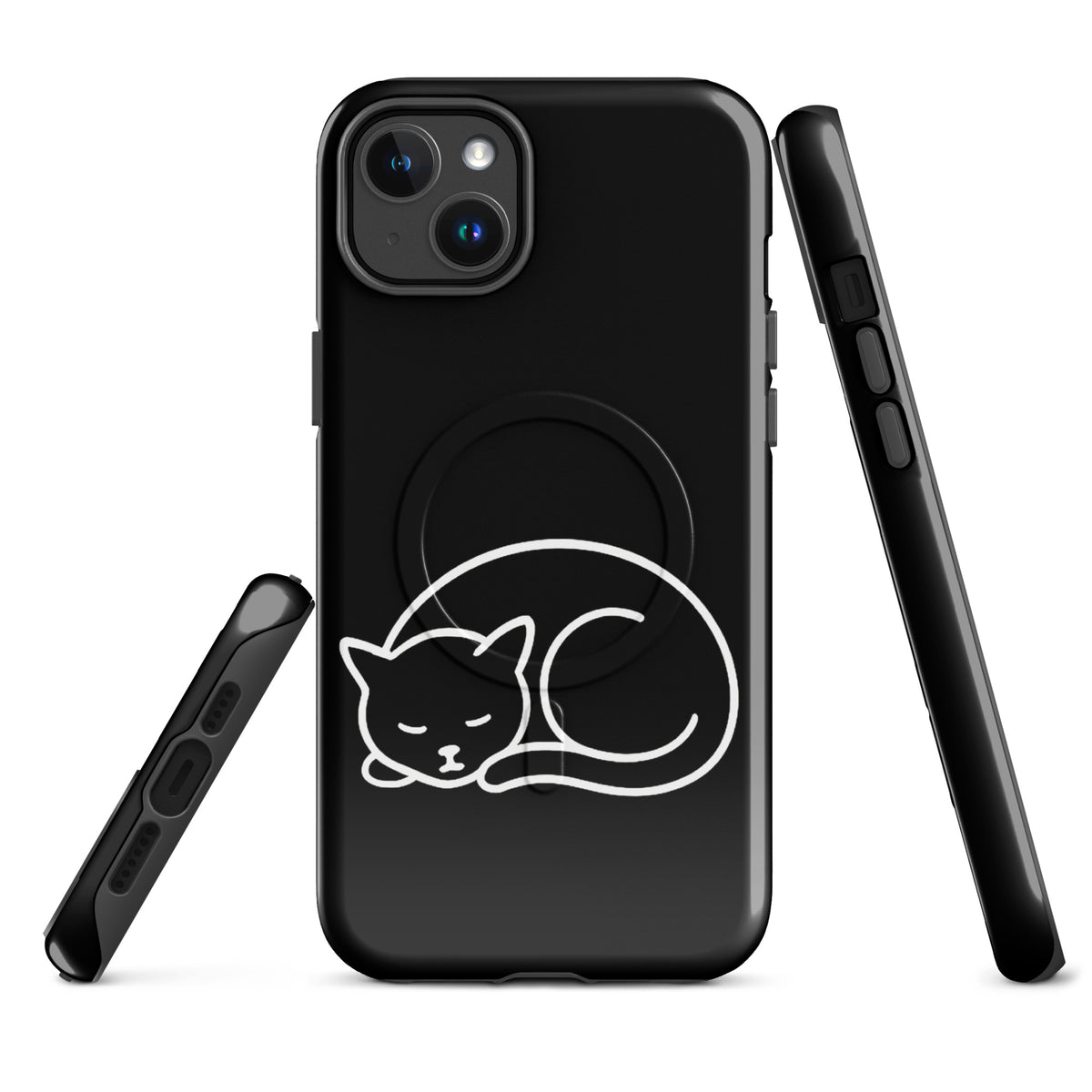 Magnetic Phone Case for iPhone featuring minimalist curled-up cat design in black and white.
