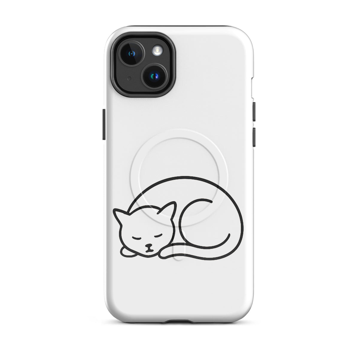 Magnetic Phone Case for iPhone with a minimalist curled-up cat design in white and black.
