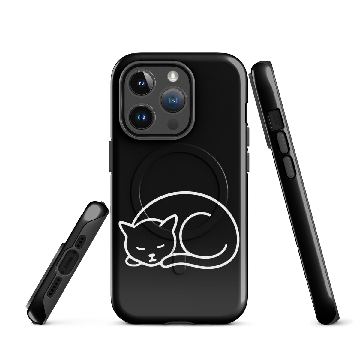 Magnetic Phone Case for iPhone featuring minimalist curled-up cat design in black and white, providing stylish protection for cat lovers.