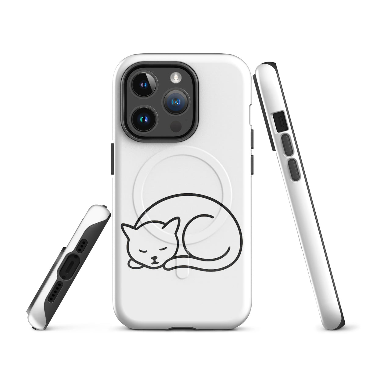 Magnetic Phone Case for iPhone featuring minimalist curled-up cat design in white and black, perfect for cat lovers.