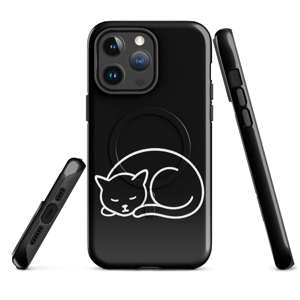 Magnetic Phone Case with minimalist cat design for iPhone, black and white color, dual-layer protection for cat lovers.