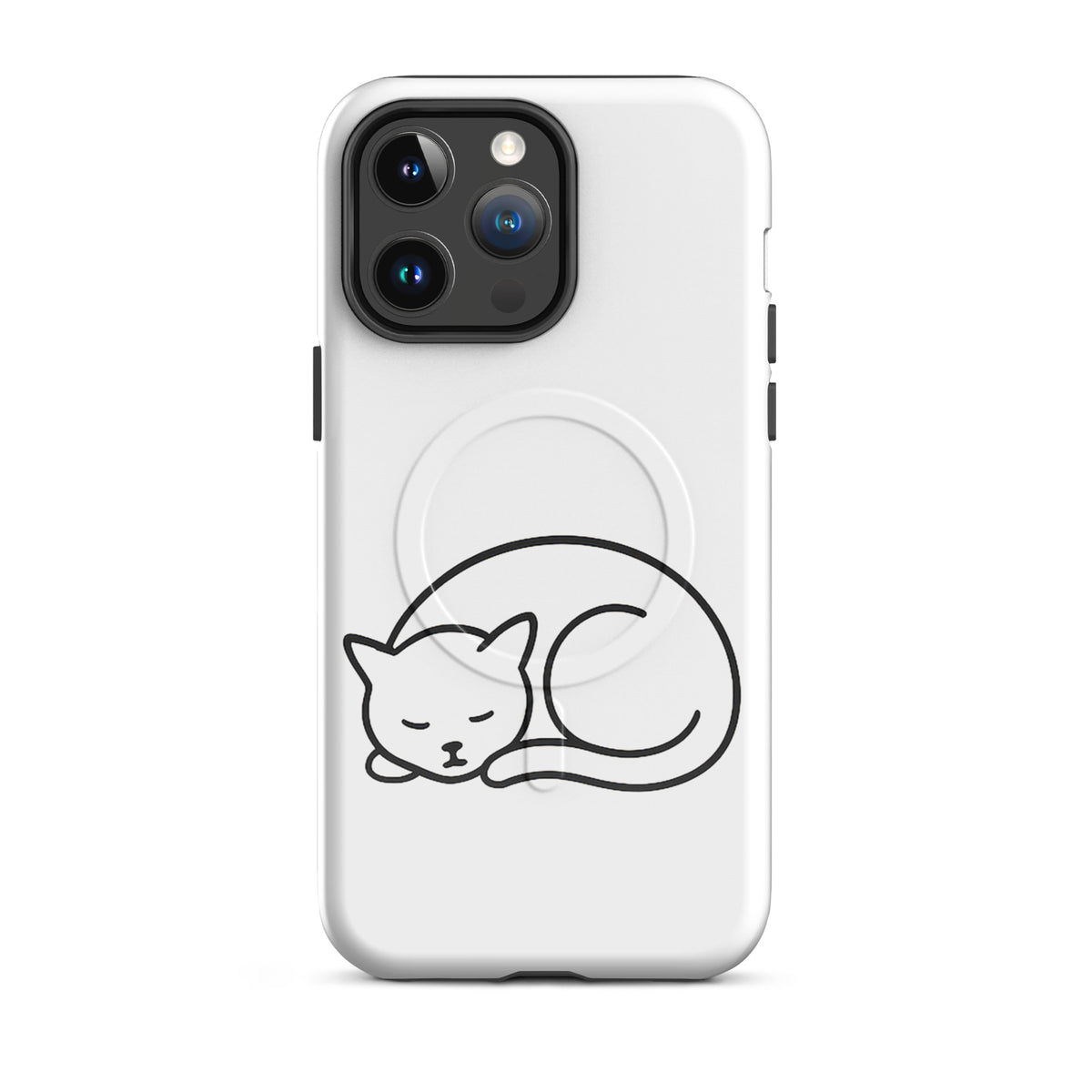 Magnetic Phone Case for iPhone with minimalist curled-up cat design in white and black, offering dual-layer protection for cat lovers.