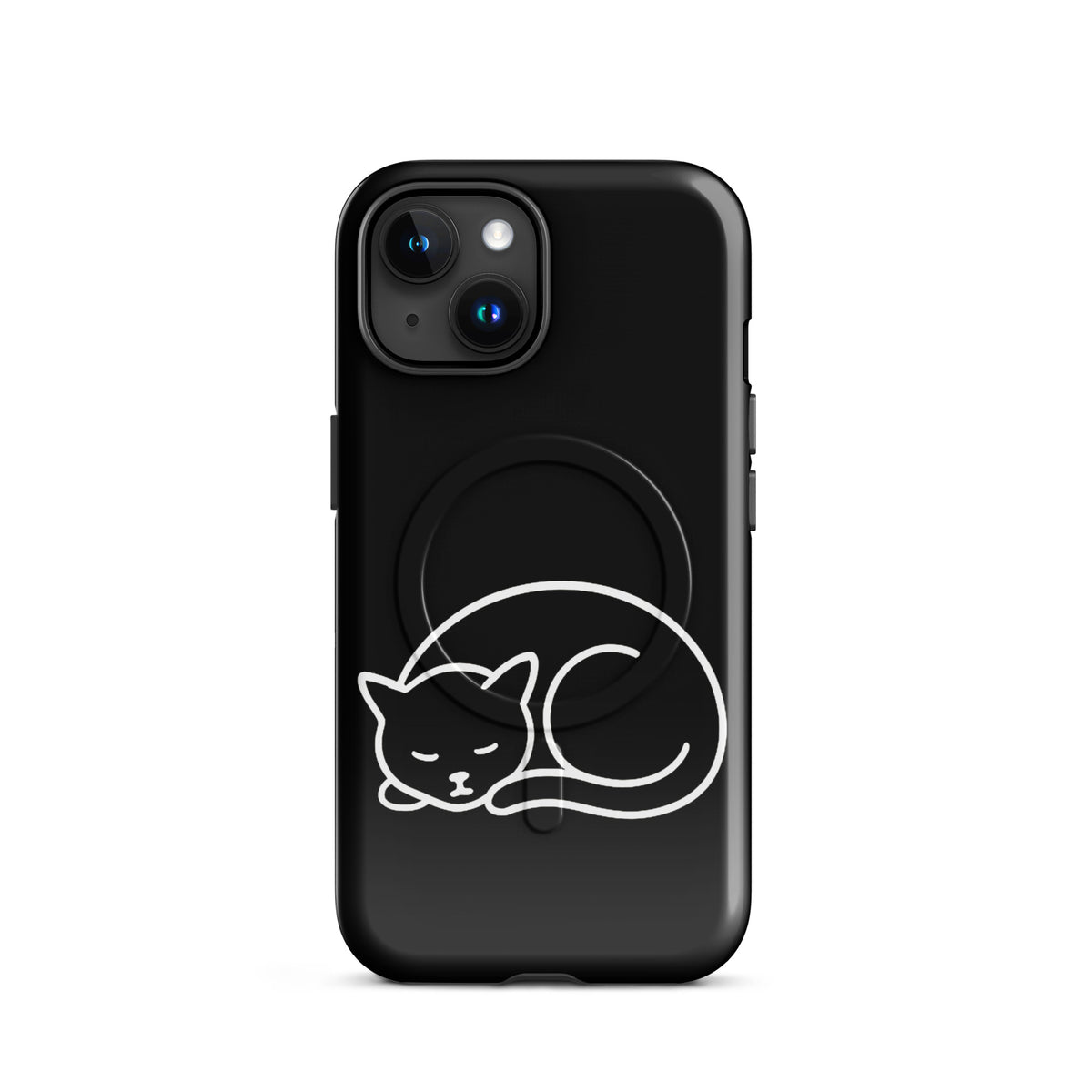 Magnetic Phone Case for iPhone with minimalist curled-up cat design in black and white, offering dual-layer protection for cat lovers.