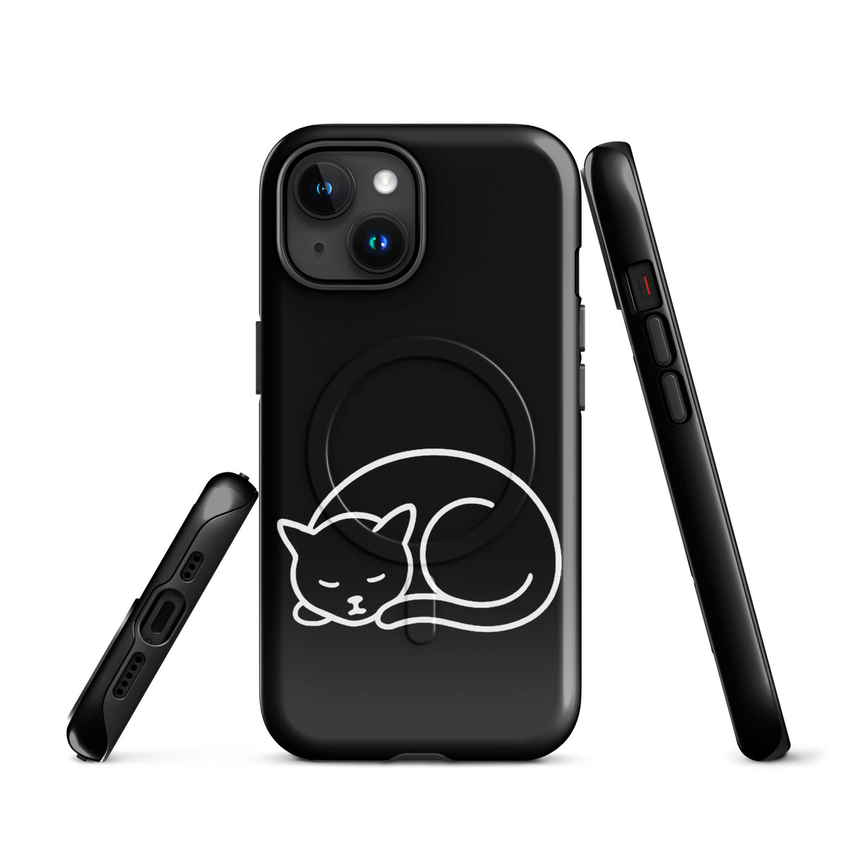 Magnetic Phone Case with minimalist curled-up cat design, black/white, for iPhone, offering dual-layer protection for cat lovers.