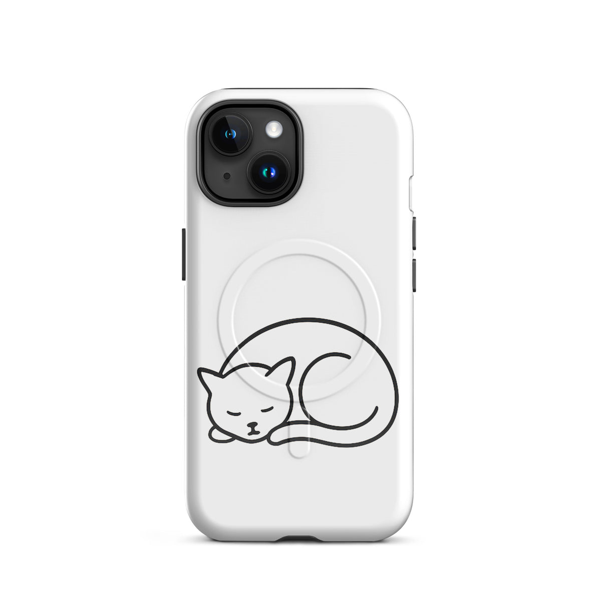 Magnetic Phone Case for iPhone featuring minimalist curled-up cat design in white and black for cat lovers