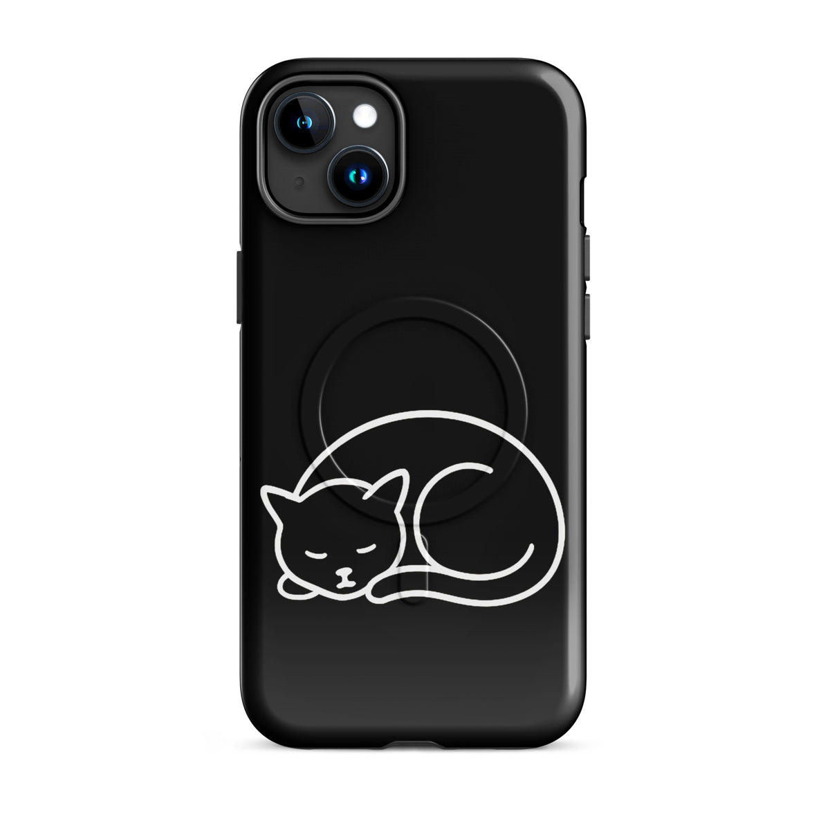 Magnetic Phone Case for iPhone with minimalist curled-up cat design in black and white, offering stylish protection for cat lovers.
