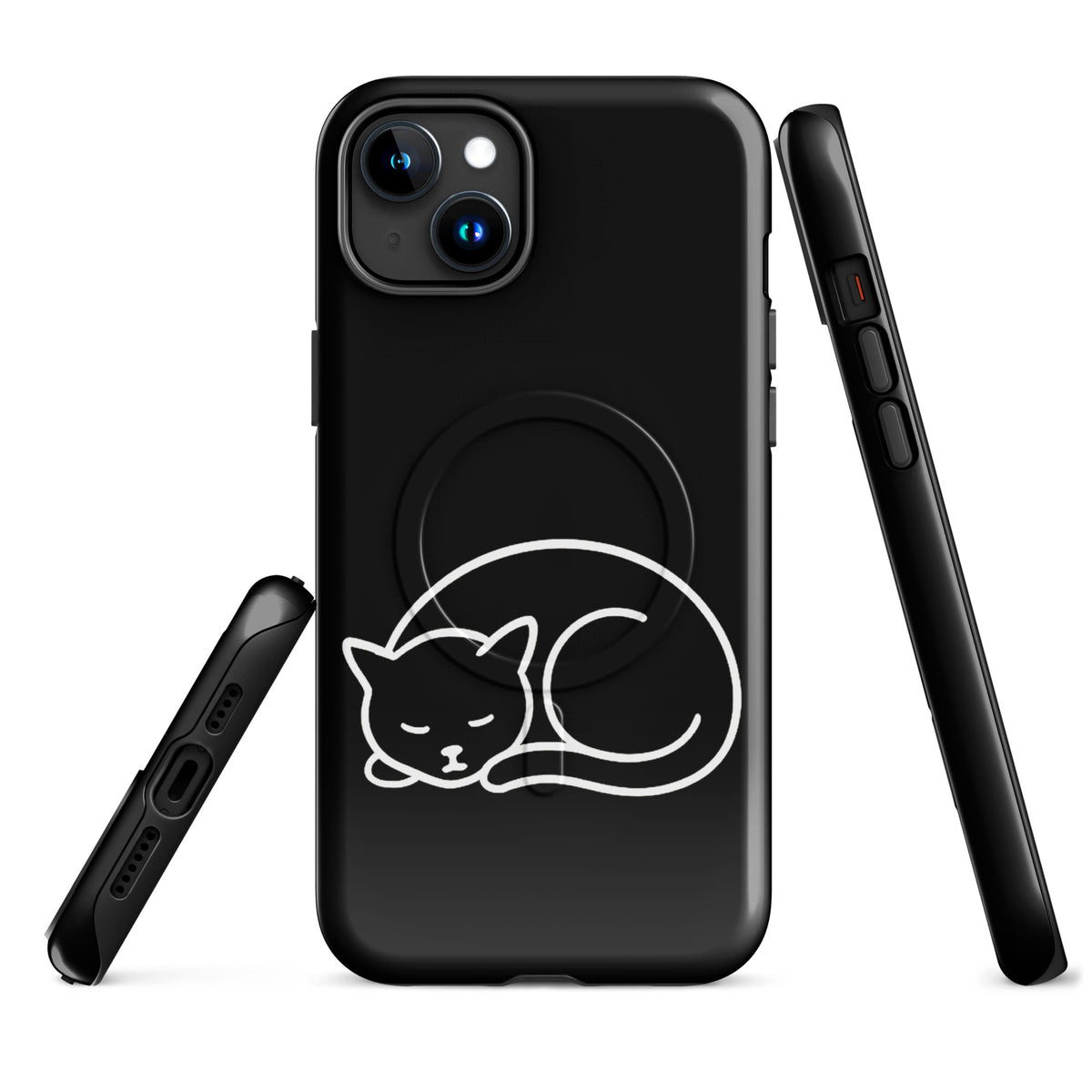 Magnetic Phone Case for iPhone with minimalist curled-up cat design, black/white, dual-layer protection, ideal for cat lovers.