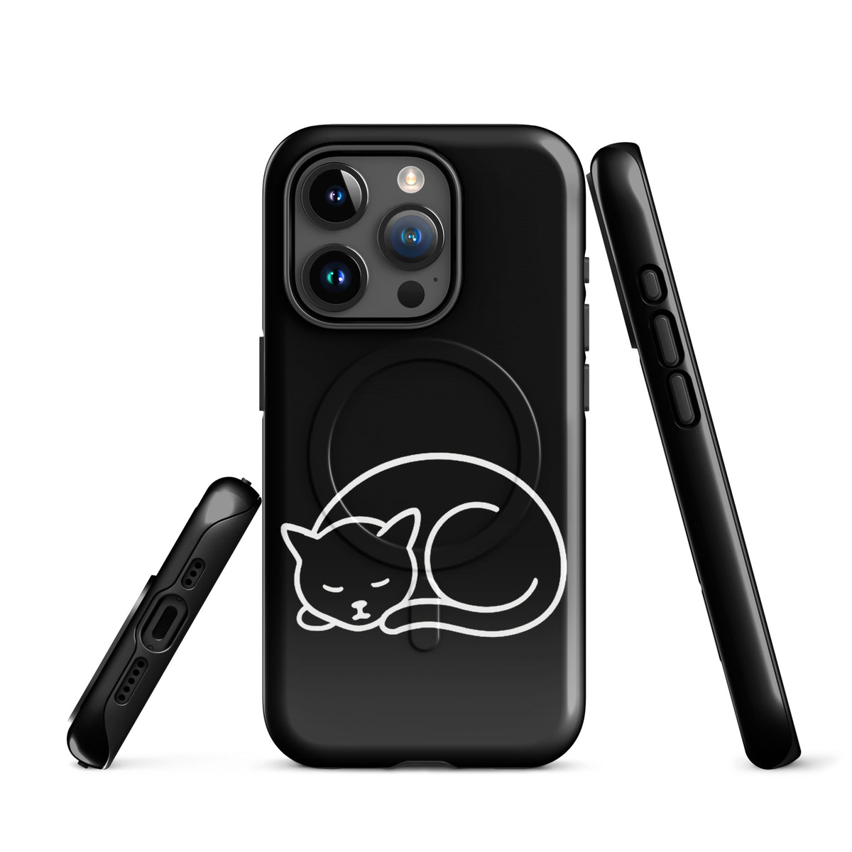 Magnetic Phone Case with minimalist curled-up cat design in black and white, suitable for iPhone, offering dual-layer protection.