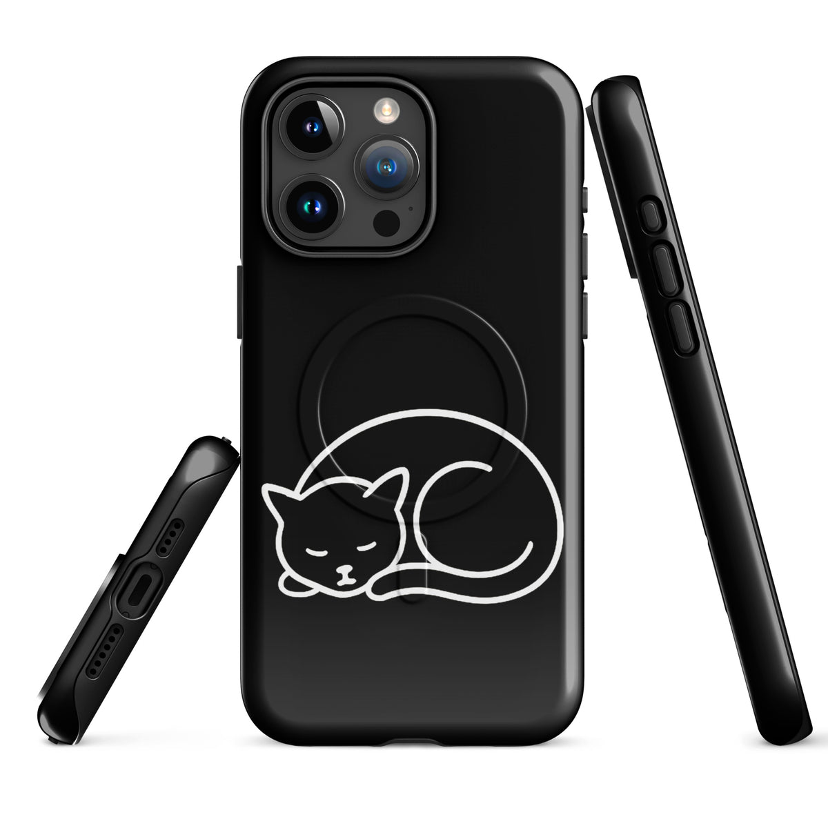 Magnetic Phone Case for iPhone with minimalist black and white curled-up cat design, dual-layer protection for cat lovers.