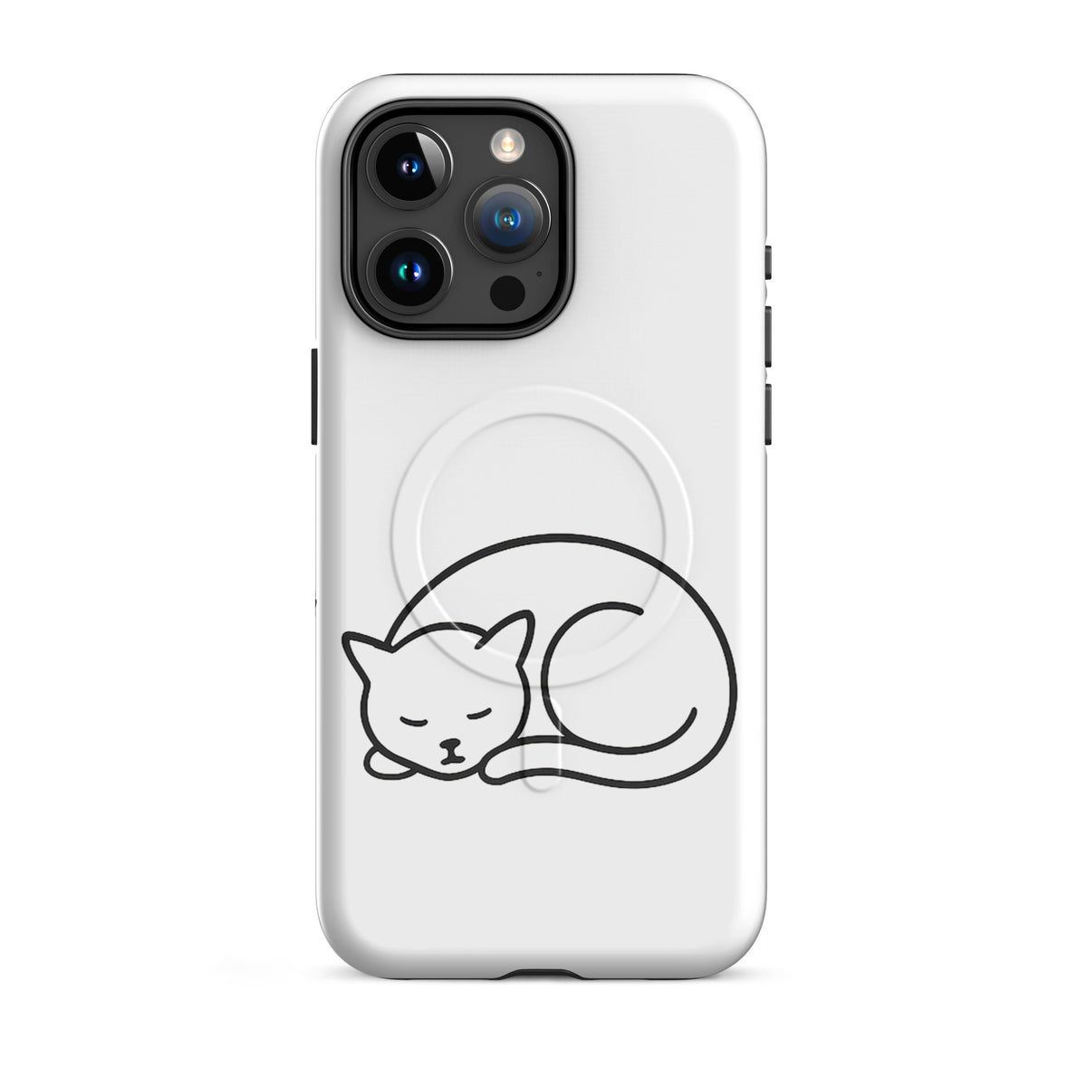 Magnetic Phone Case for iPhone with minimalist curled-up cat design in white and black for cat lovers.