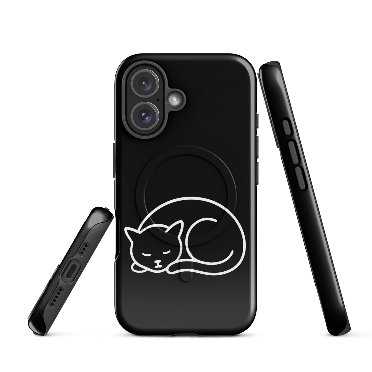 Magnetic Phone Case for iPhone with minimalist curled-up cat design in black and white, offering dual-layer protection for cat lovers.