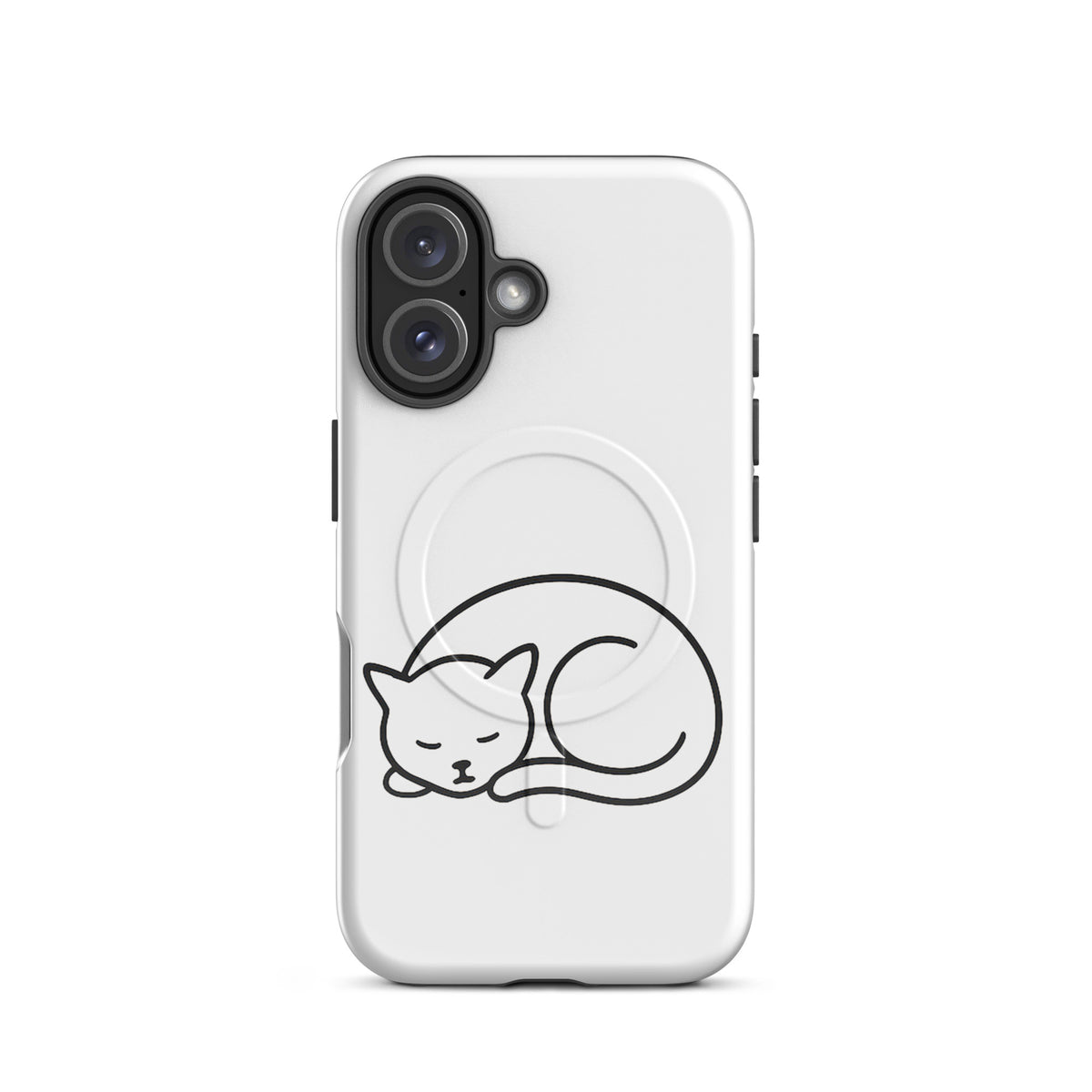 Magnetic Phone Case with minimalist curled-up cat design for iPhone in white and black, offering dual-layer protection for cat lovers.