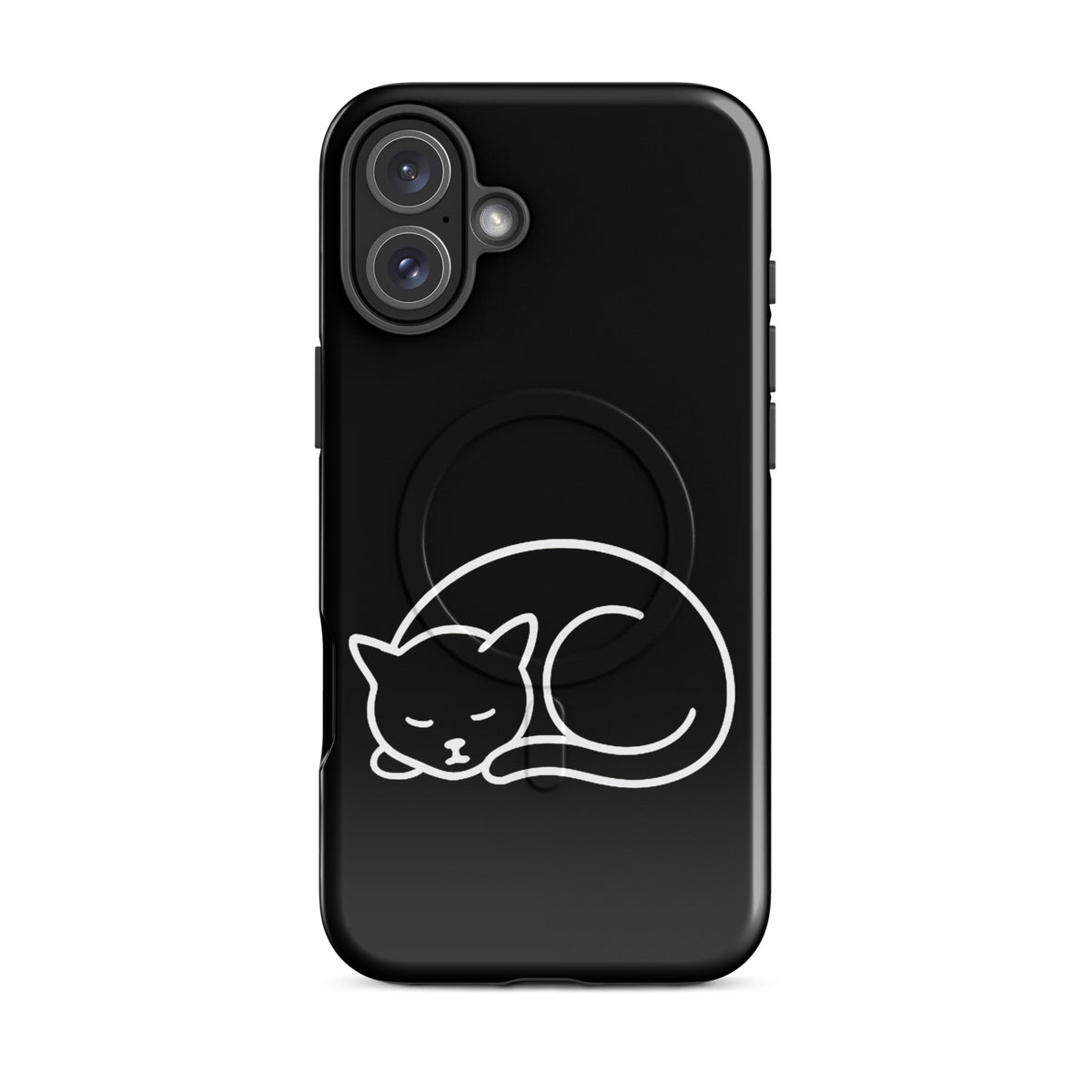 Magnetic Phone Case for iPhone with minimalist curled-up cat design in black and white, offering dual-layer protection for cat lovers.