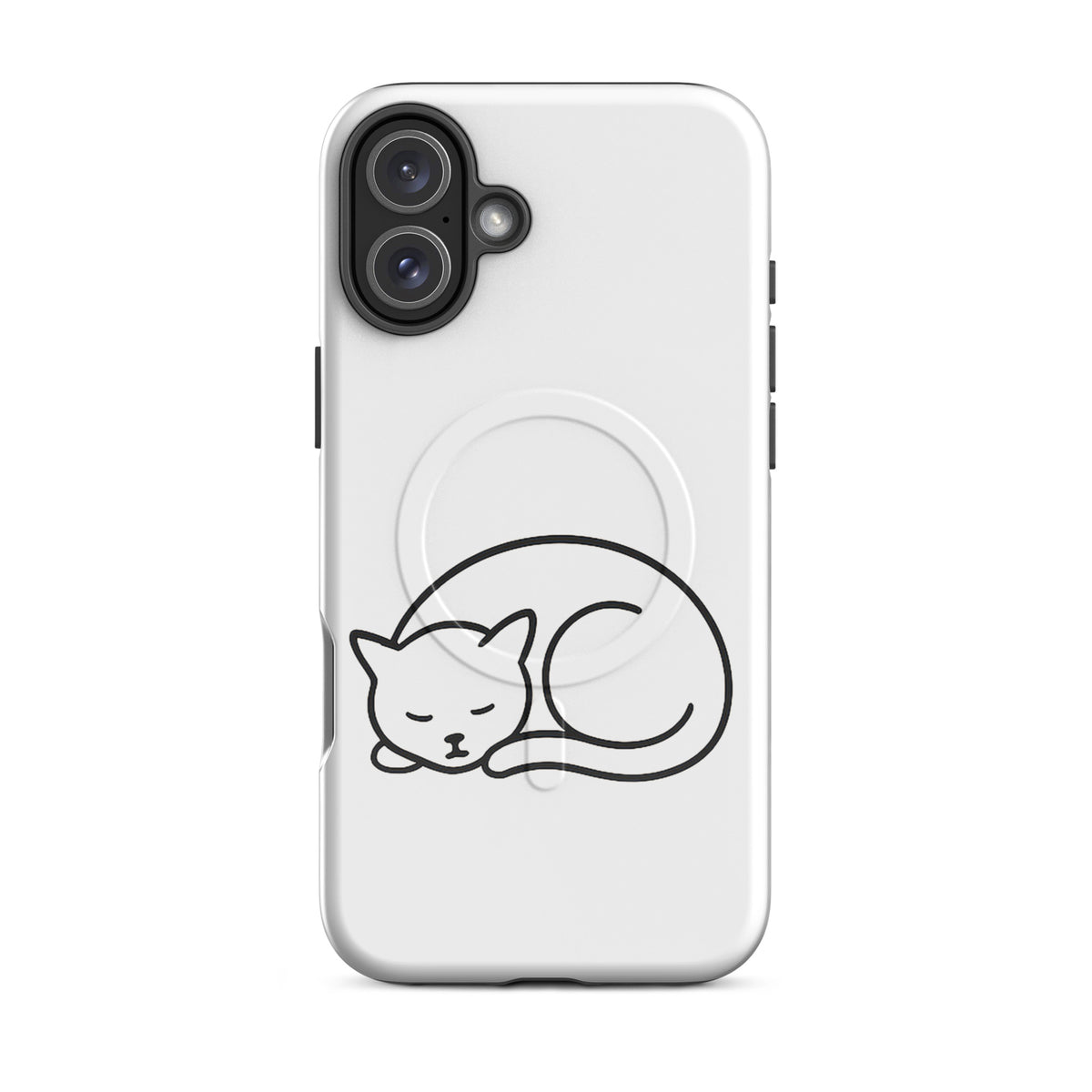 Magnetic Phone Case for iPhone with minimalist curled-up cat design in white and black, offering dual-layer protection for cat lovers.