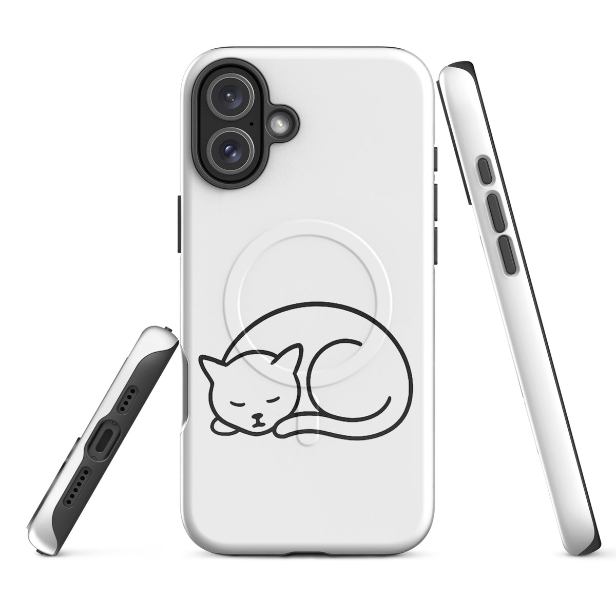 Magnetic Phone Case for iPhone with minimalist curled-up cat design in white/black, dual-layer protection for cat lovers.